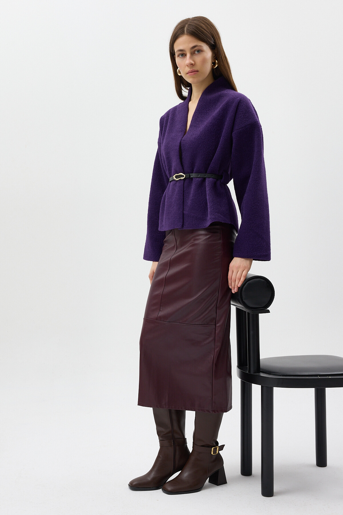 Mor Hâkim Yaka Kemer Detaylı Kısa Kaşe Kadın Ceket 3100A - 2