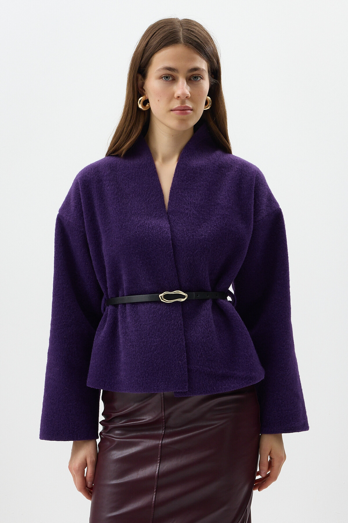 Mor Hâkim Yaka Kemer Detaylı Kısa Kaşe Kadın Ceket 3100A - 6