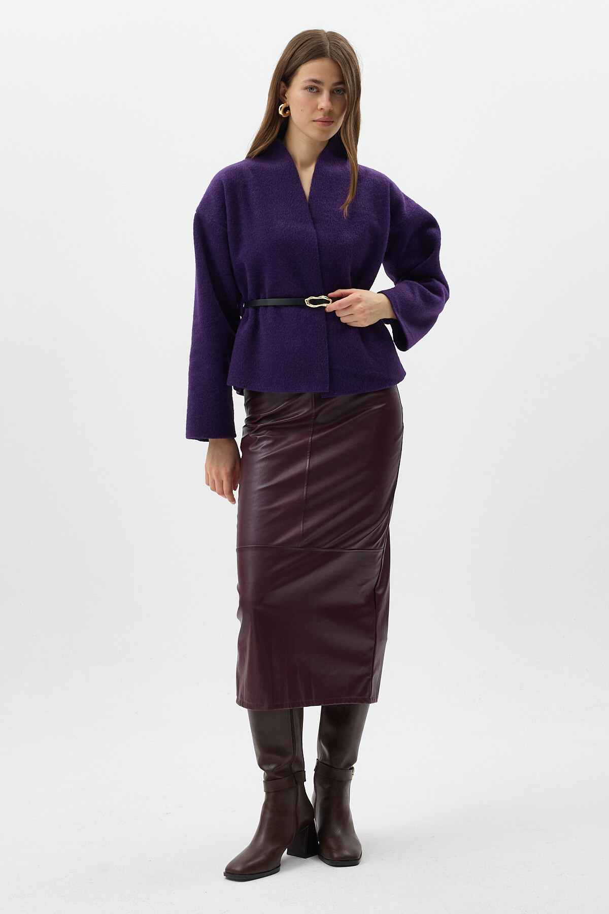 Mor Hâkim Yaka Kemer Detaylı Kısa Kaşe Kadın Ceket 3100A - 7