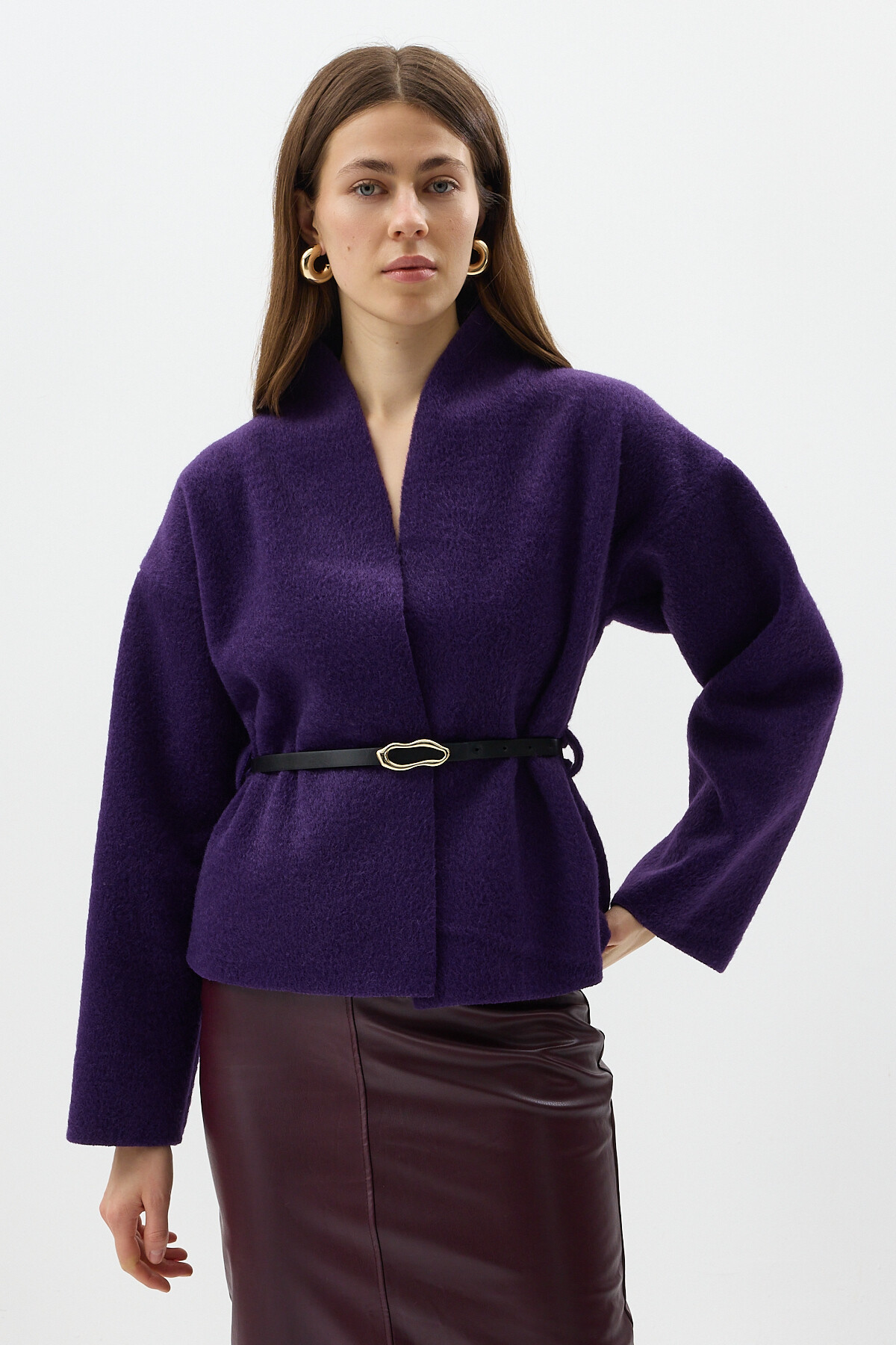 Mor Hâkim Yaka Kemer Detaylı Kısa Kaşe Kadın Ceket 3100A - RAYS