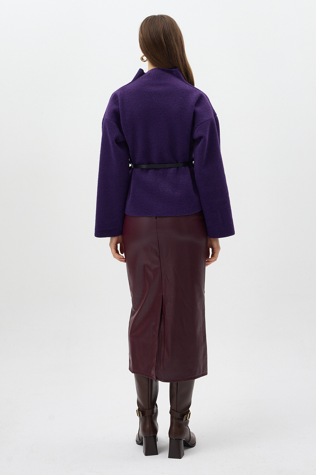 Mor Hâkim Yaka Kemer Detaylı Kısa Kaşe Kadın Ceket 3100A - 5