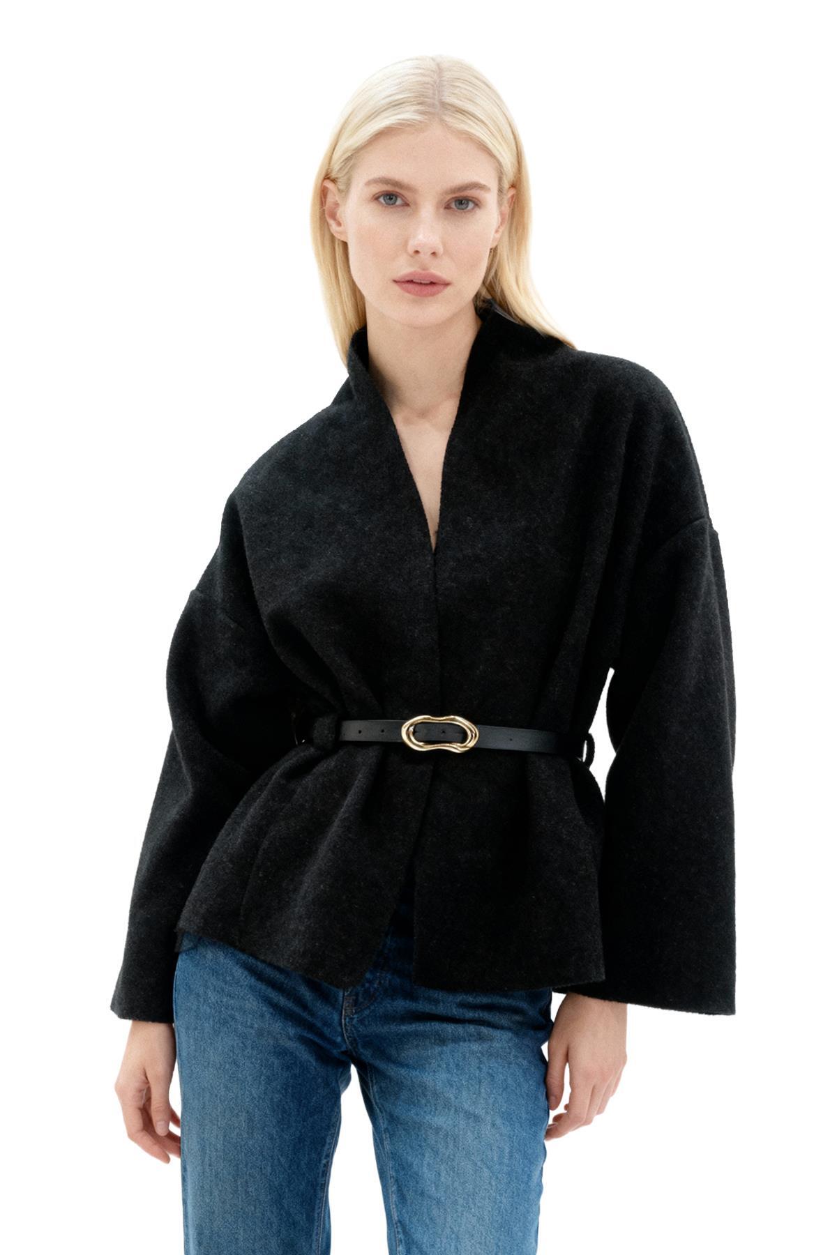 3100A Kemerli Ceket Siyah - 1