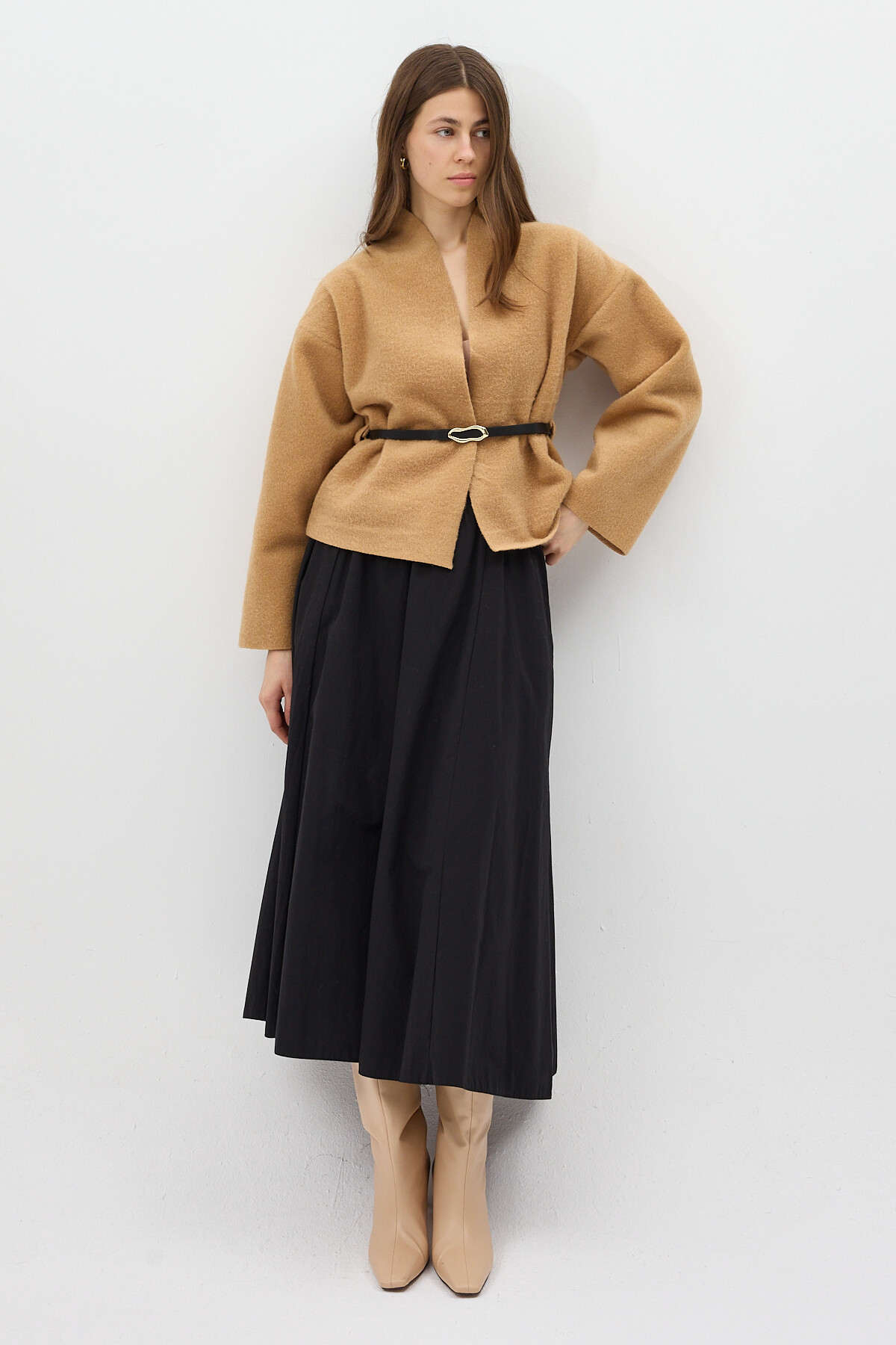 Vizon Hâkim Yaka Kemer Detaylı Kısa Kaşe Kadın Ceket 3100A - 7