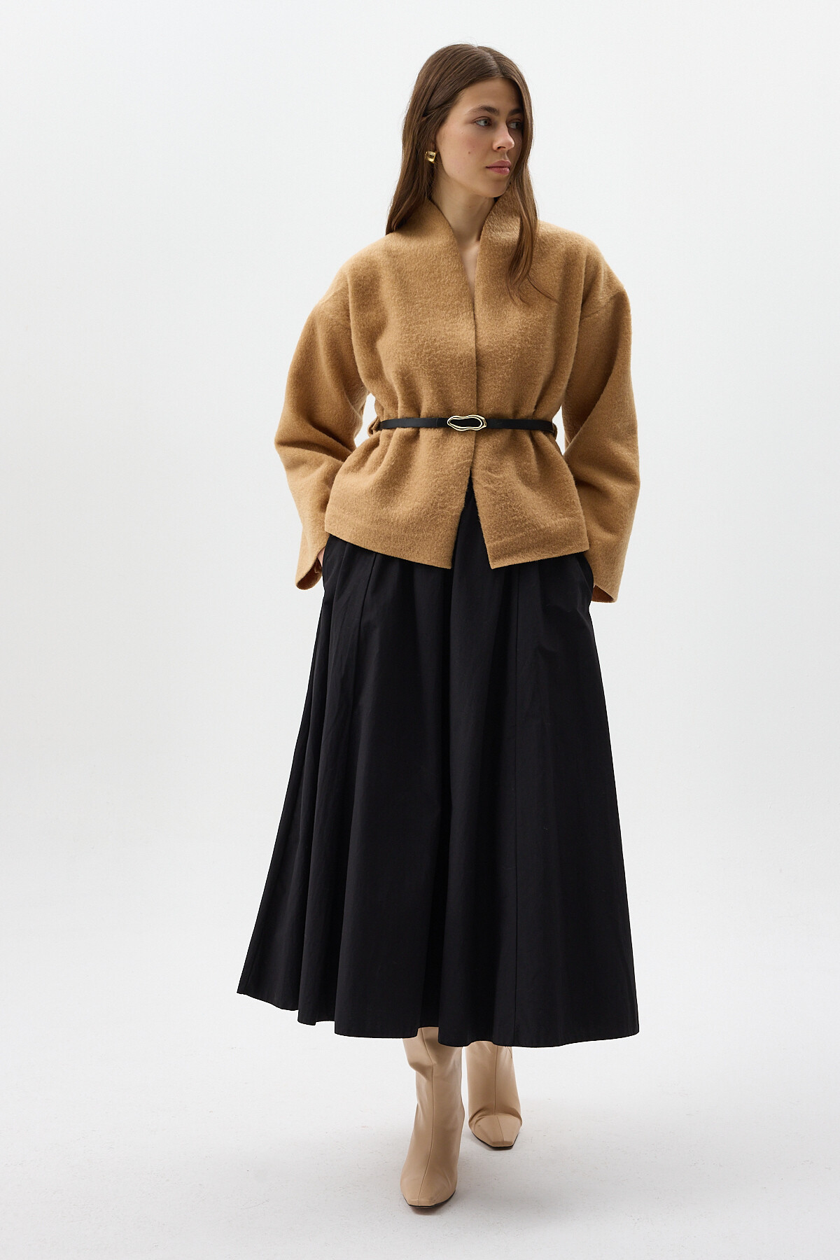 Vizon Hâkim Yaka Kemer Detaylı Kısa Kaşe Kadın Ceket 3100A - 8