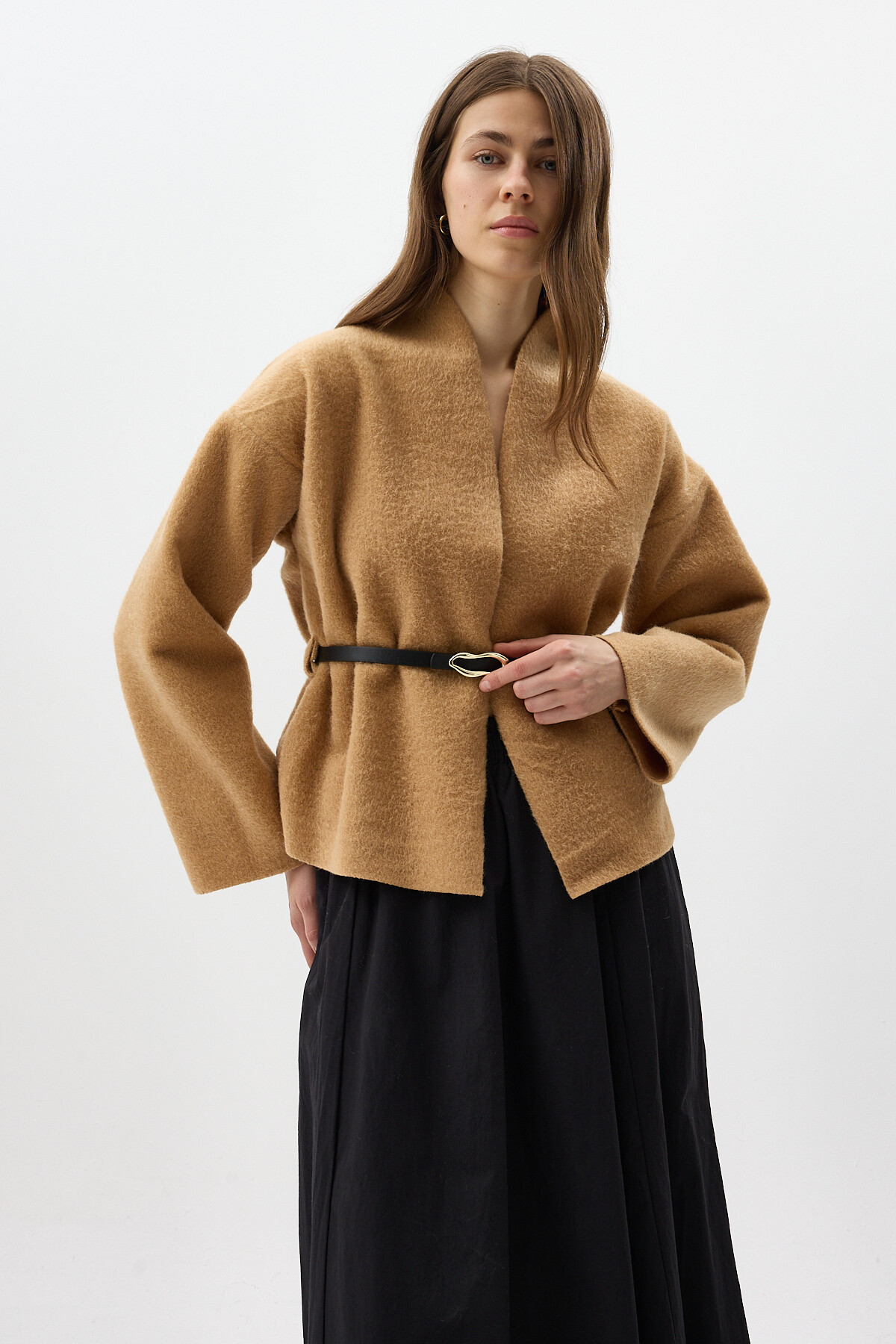 Vizon Hâkim Yaka Kemer Detaylı Kısa Kaşe Kadın Ceket 3100A - 2