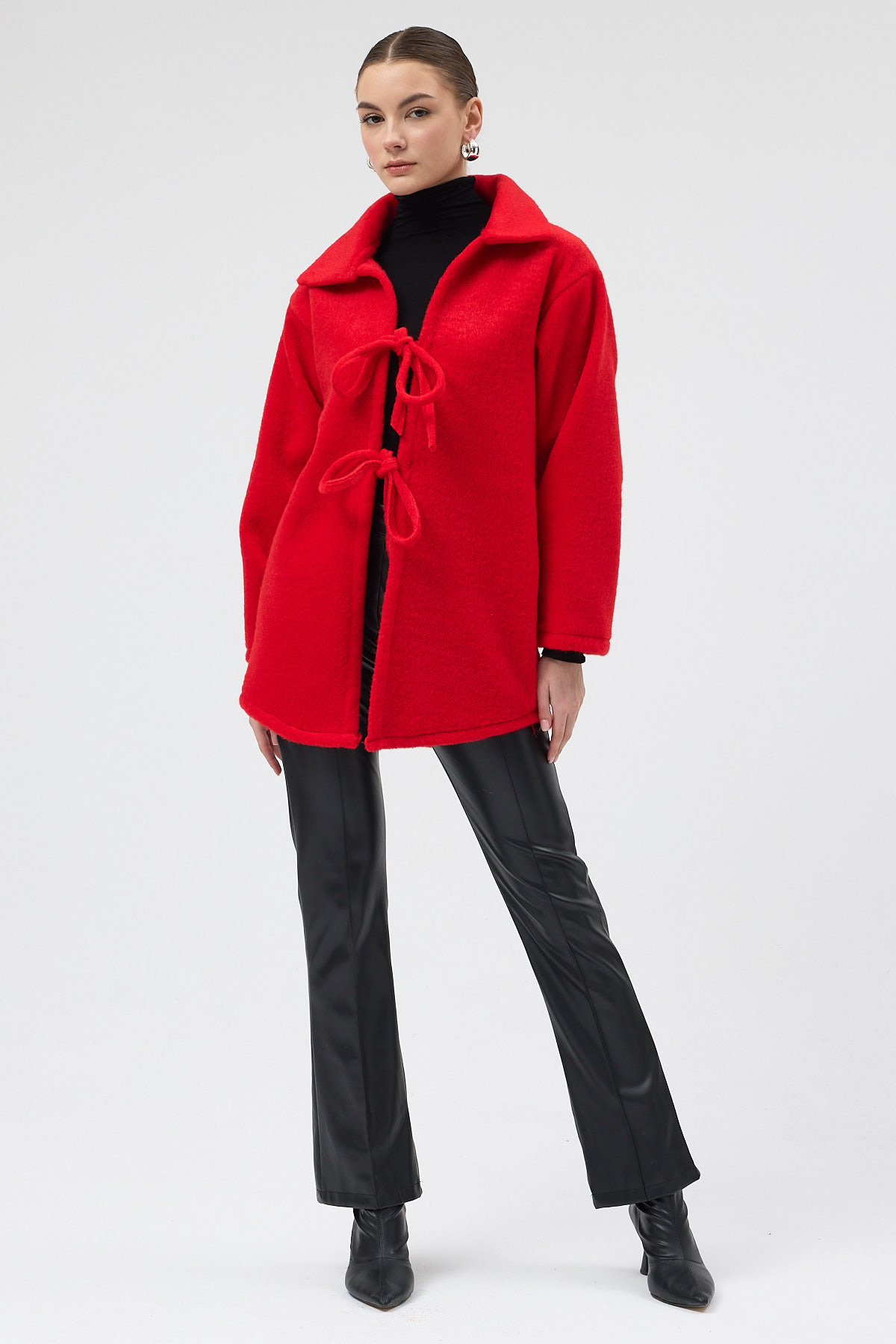 Kırmızı Kruvaze Görünümlü Önü Bağlamalı Kadın Ceket 3101A - 3