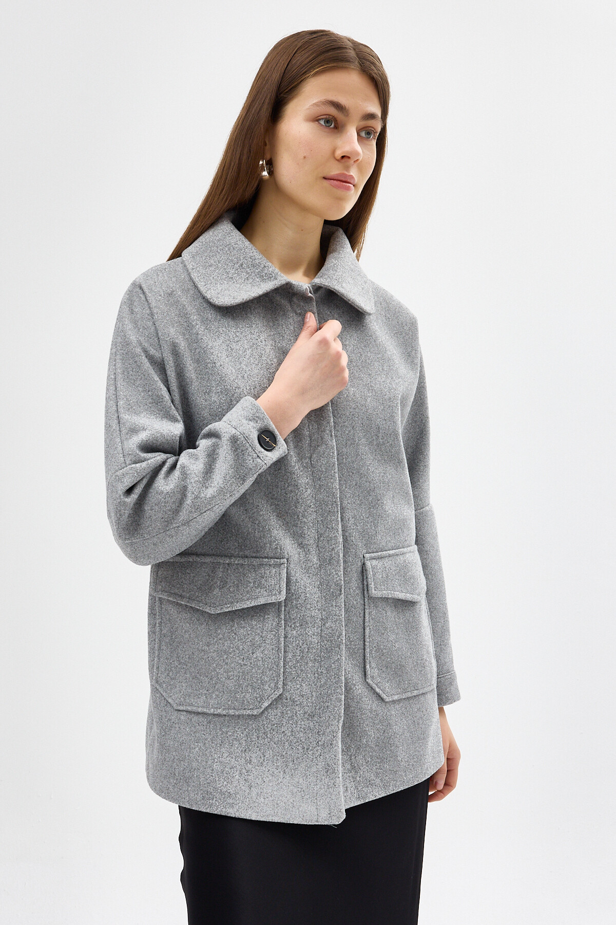 Gri Büyük Cepli Geniş Yakalı Kadın Kaban 3102A - RAYS