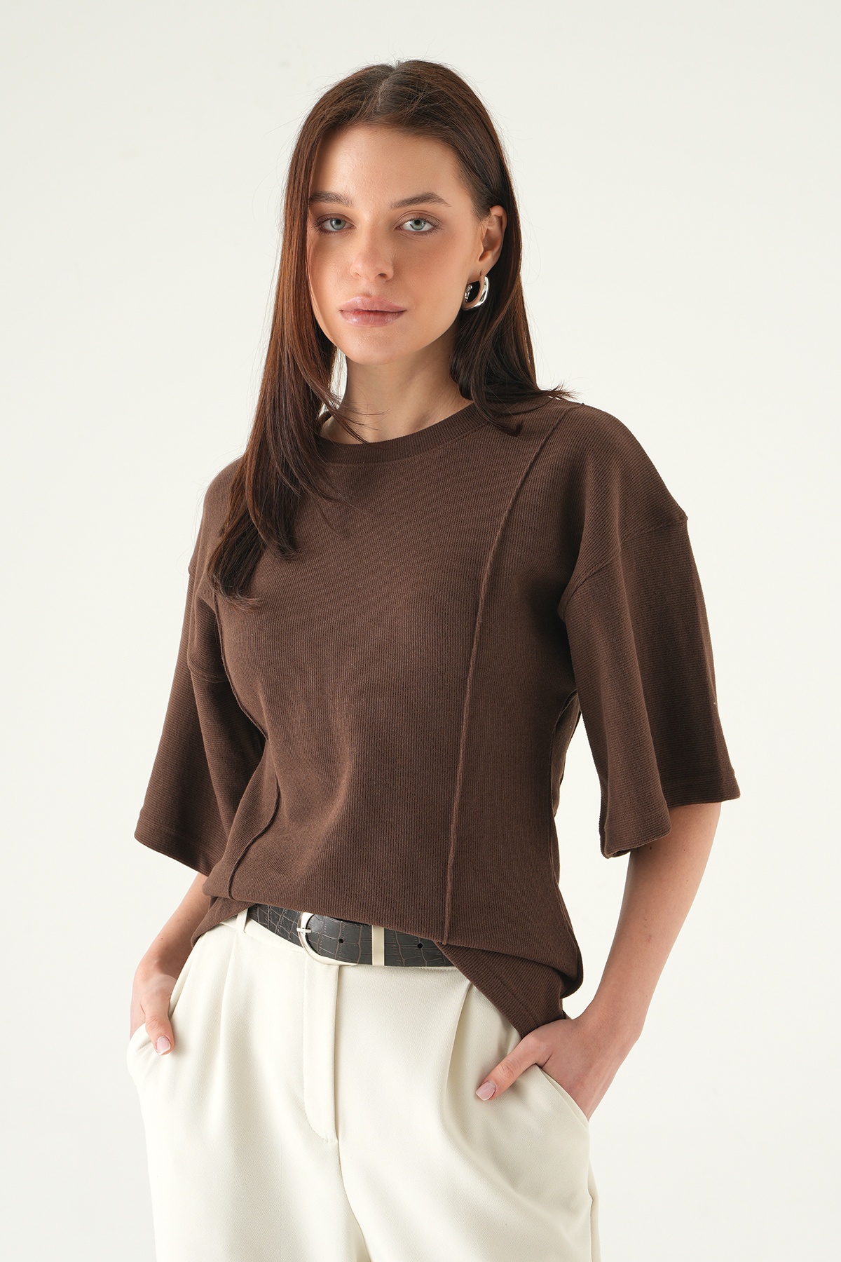 3104A Ön Çima Detaylı Kısa Kollu Bluz Kahve 