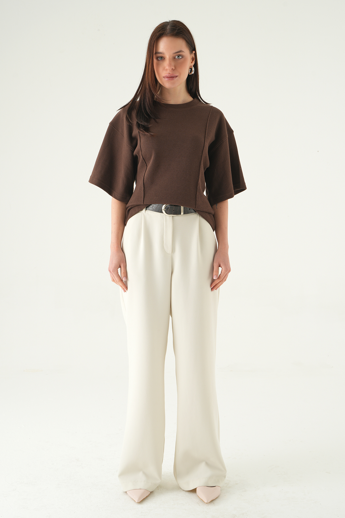 3104A Ön Çima Detaylı Kısa Kollu Bluz Kahve - 3