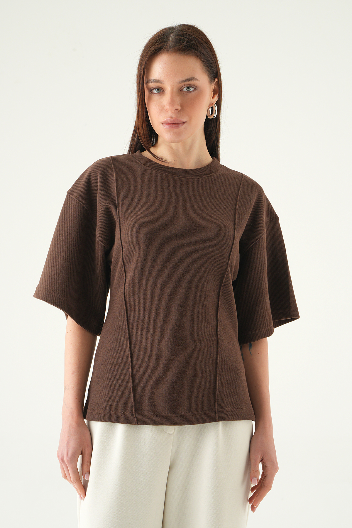 3104A Ön Çima Detaylı Kısa Kollu Bluz Kahve - 6