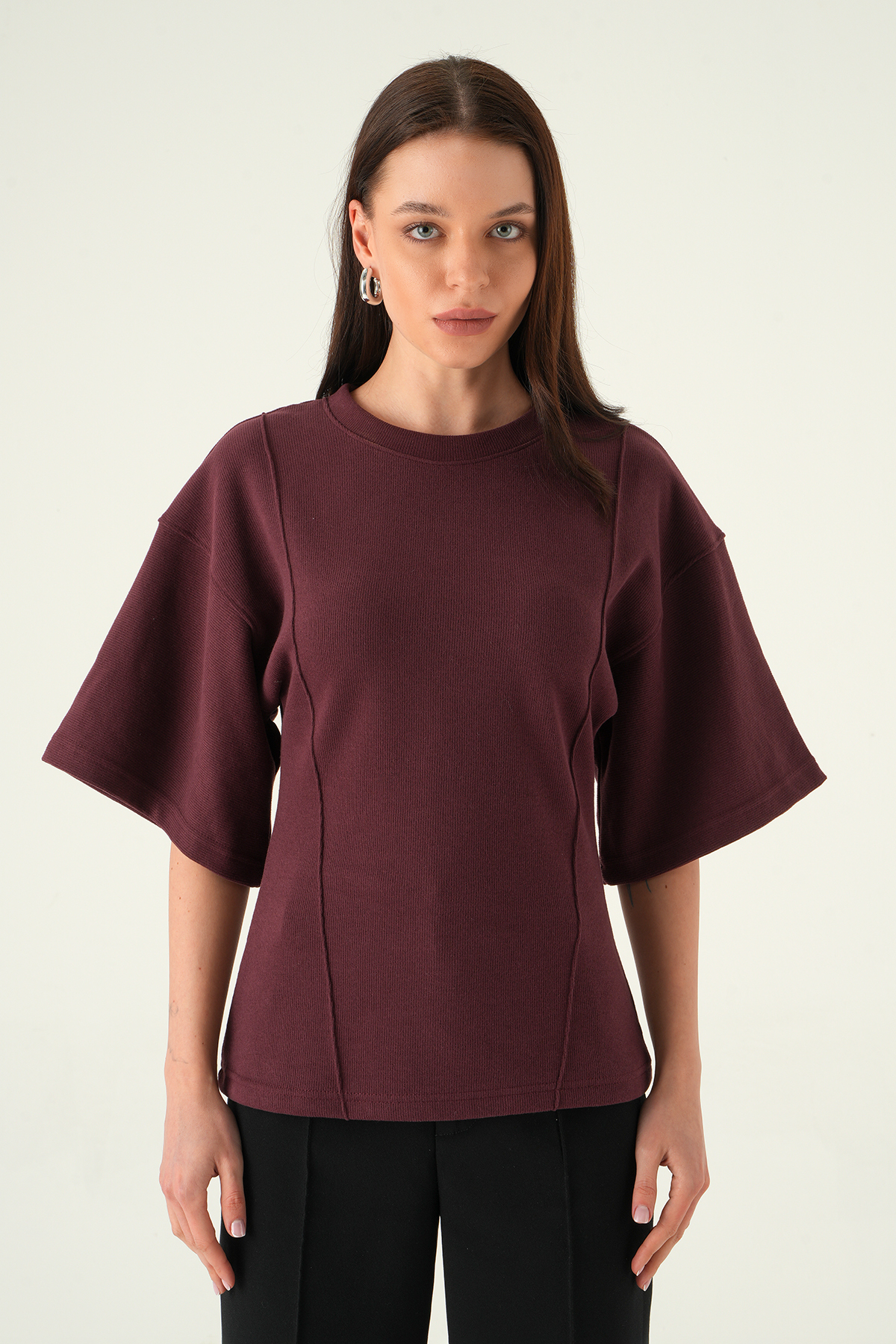 3104A Ön Çima Detaylı Kısa Kollu Bluz Mürdüm - 1