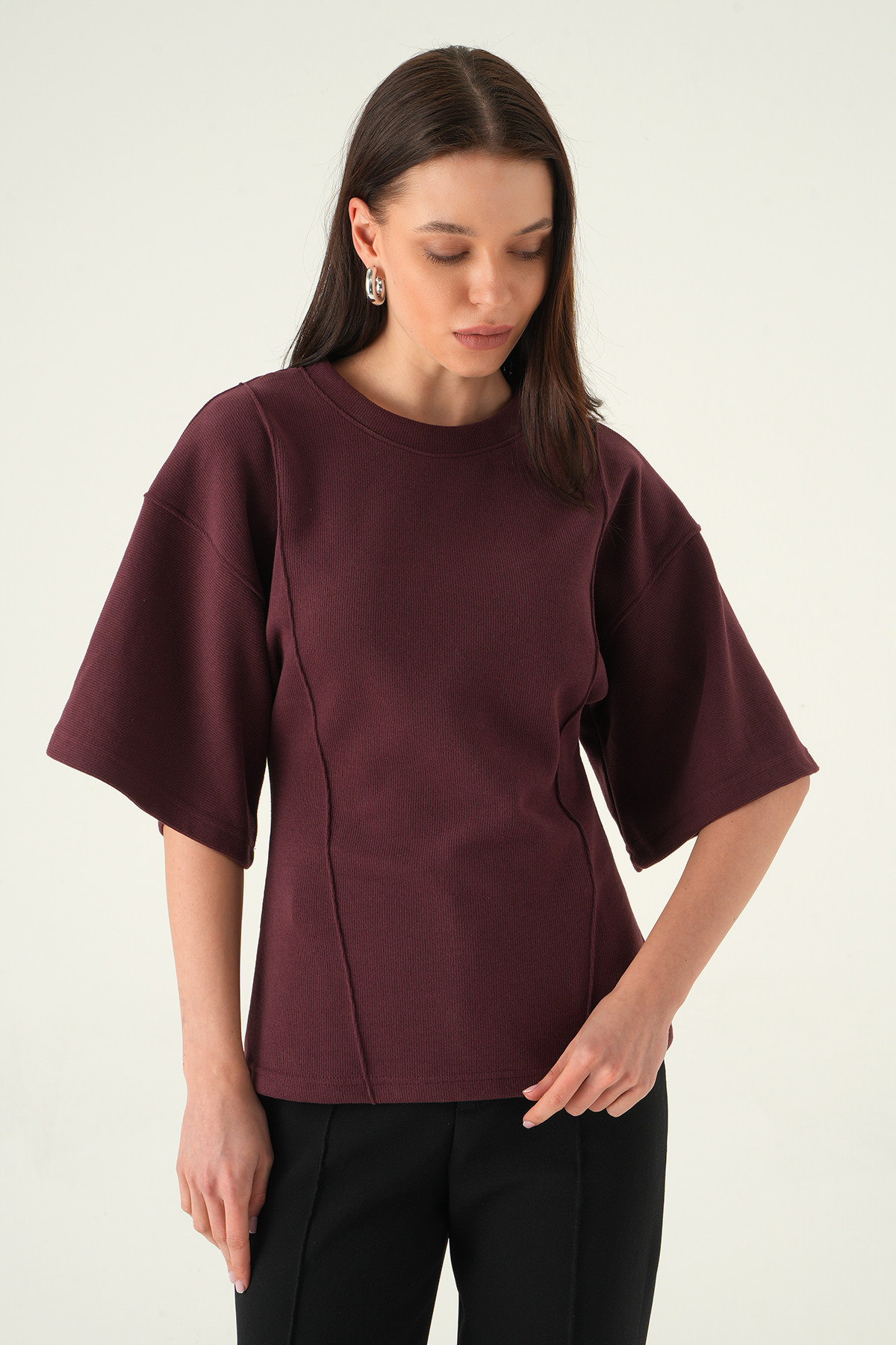 3104A Ön Çima Detaylı Kısa Kollu Bluz Mürdüm - 2