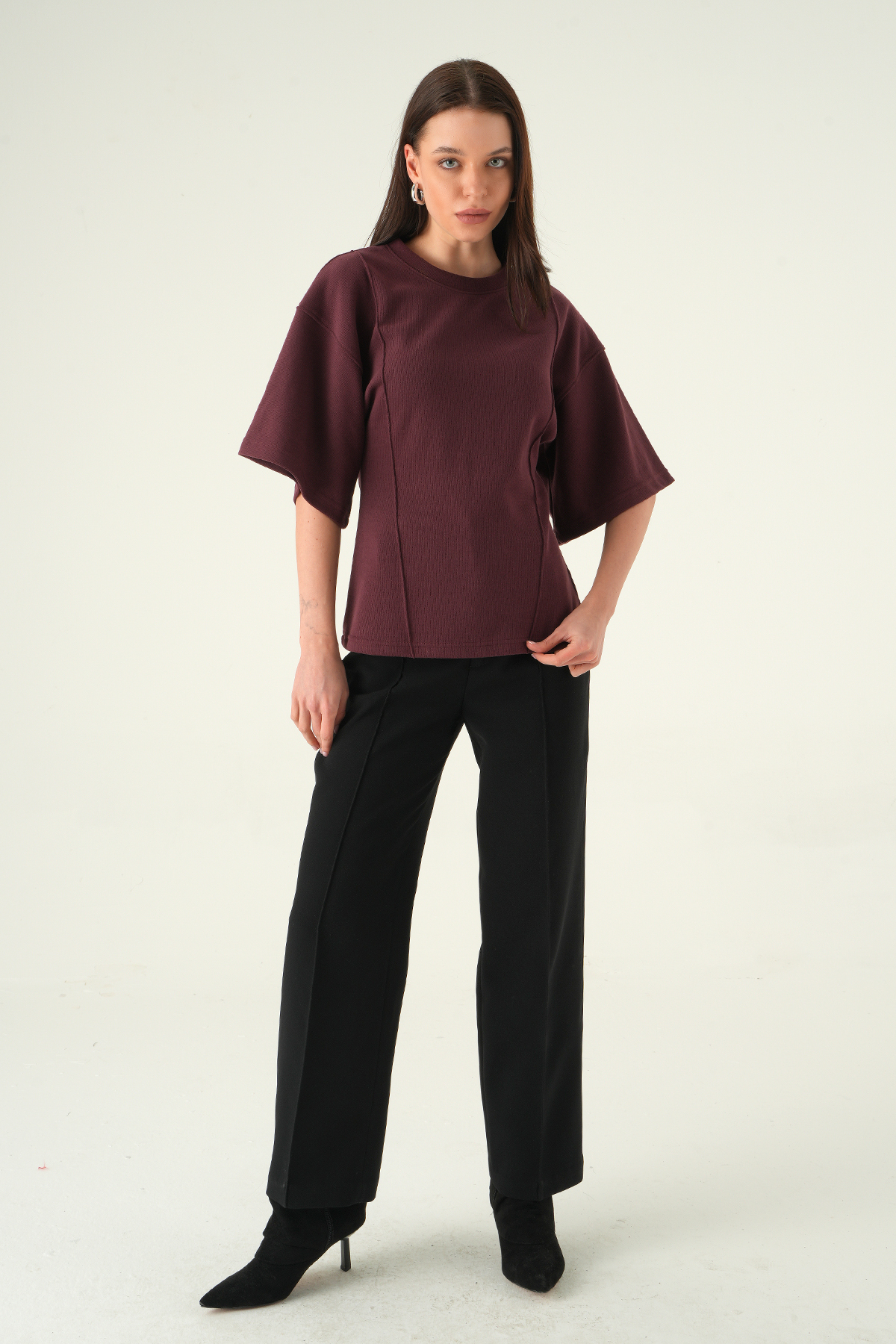 3104A Ön Çima Detaylı Kısa Kollu Bluz Mürdüm - 3