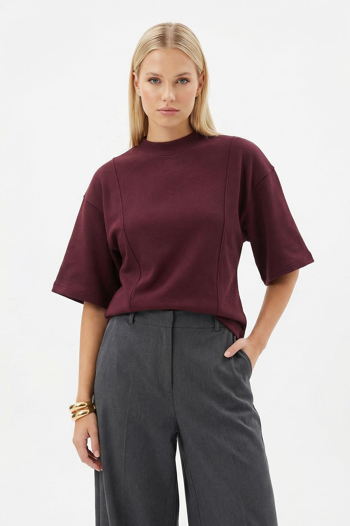 3104A Ön Çima Detay Tişört Mürdüm - RAYS