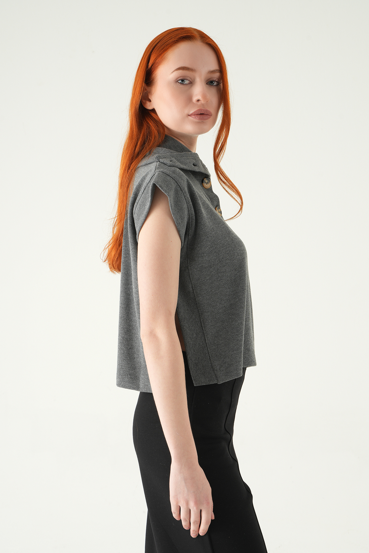 3106A Kapüşonlu Düğmeli Tişört Antrasit - RAYS