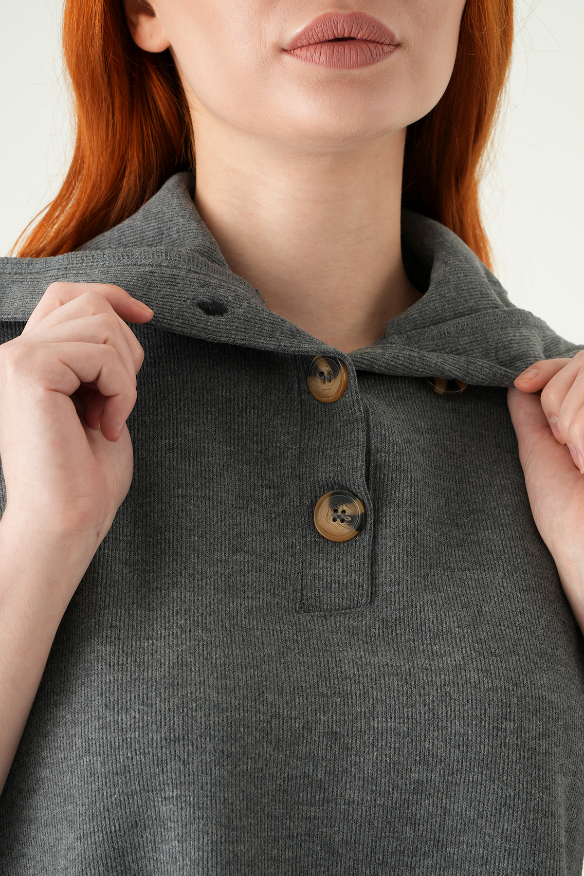 3106A Kapüşonlu Düğmeli Tişört Antrasit - RAYS