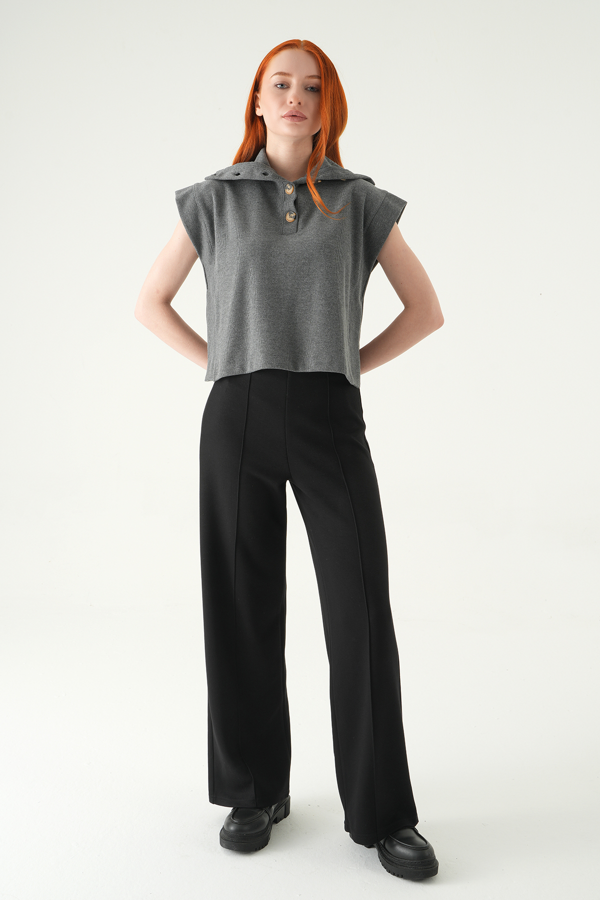 Antrasit Dik Yaka Düğmeli Bluz 3106A - RAYS