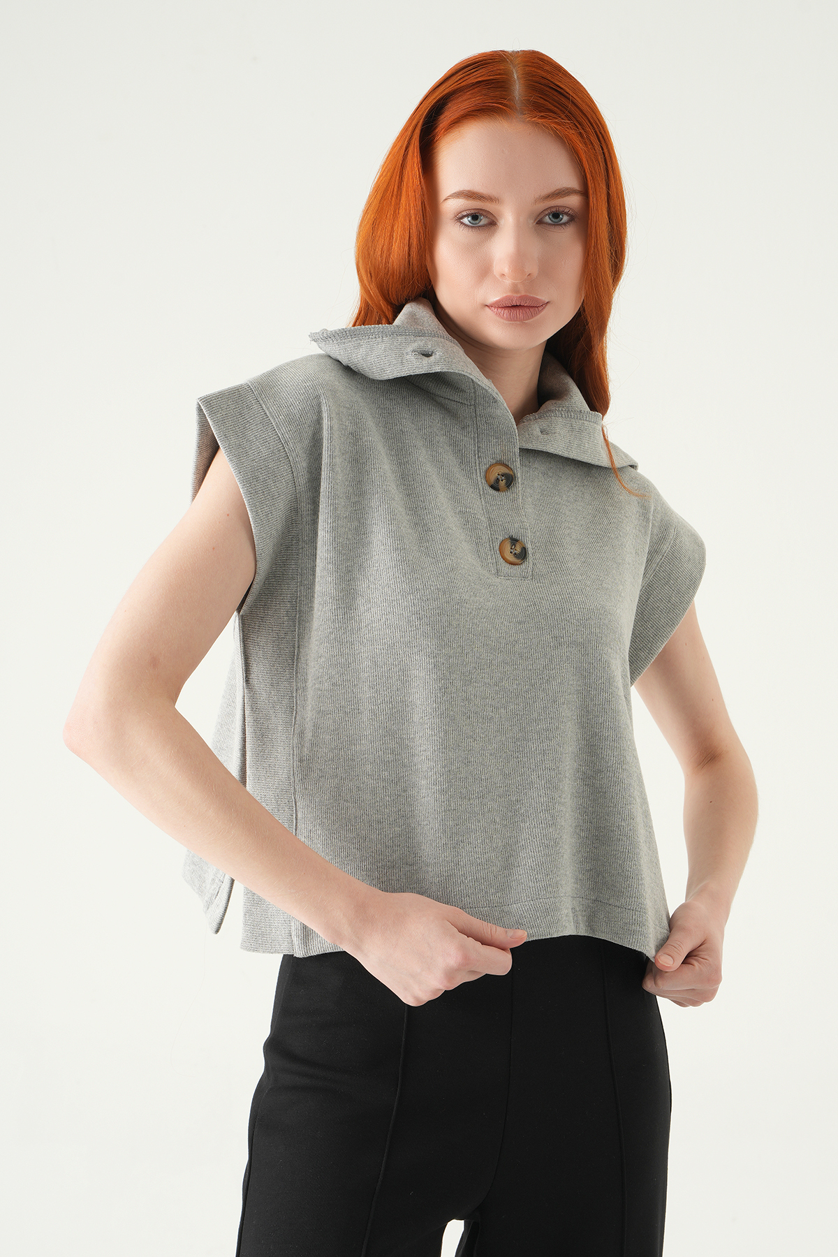 3106A Kapüşonlu Düğmeli Tişört Gri - RAYS