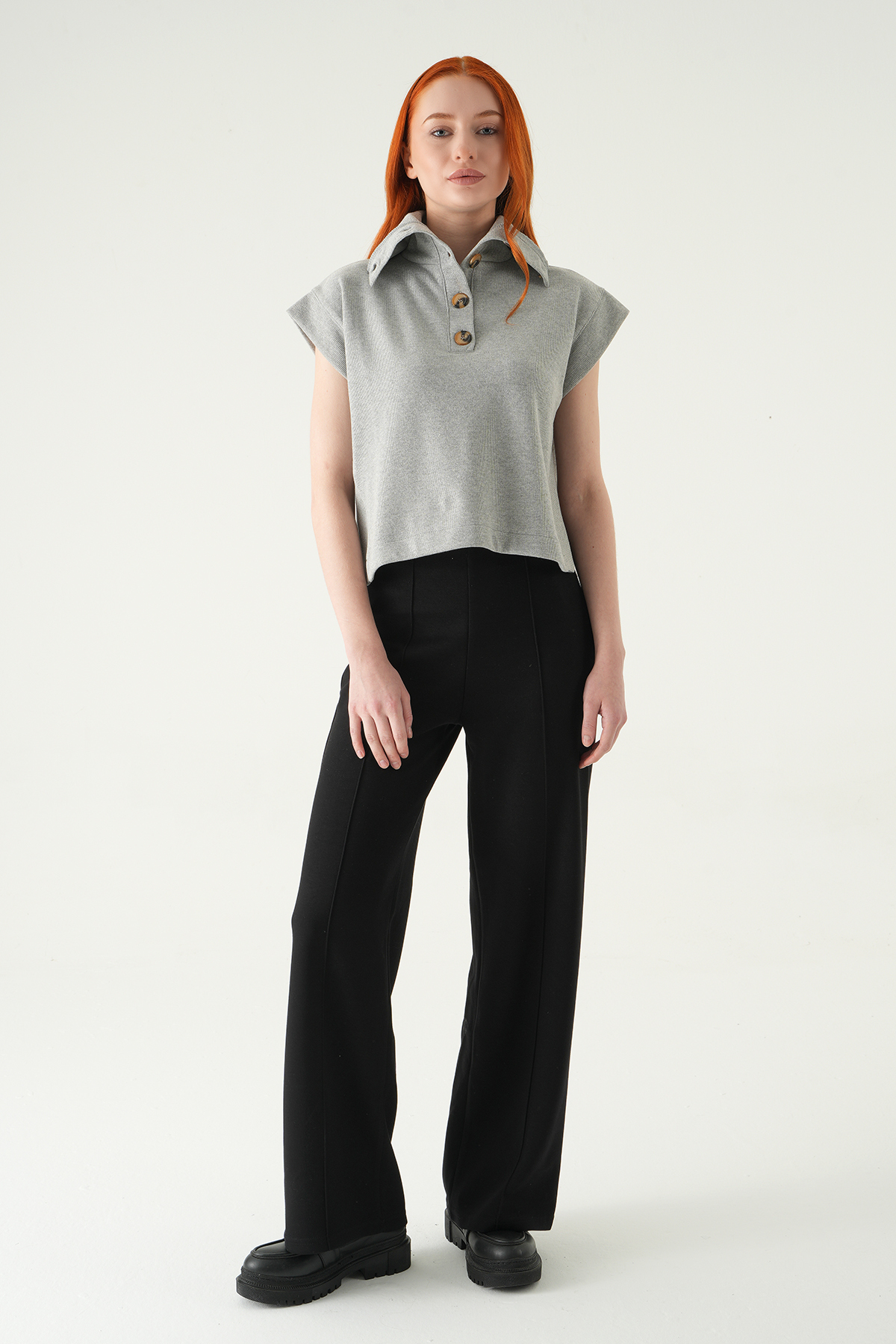 Gri Dik Yaka Düğmeli Bluz 3106A - 3