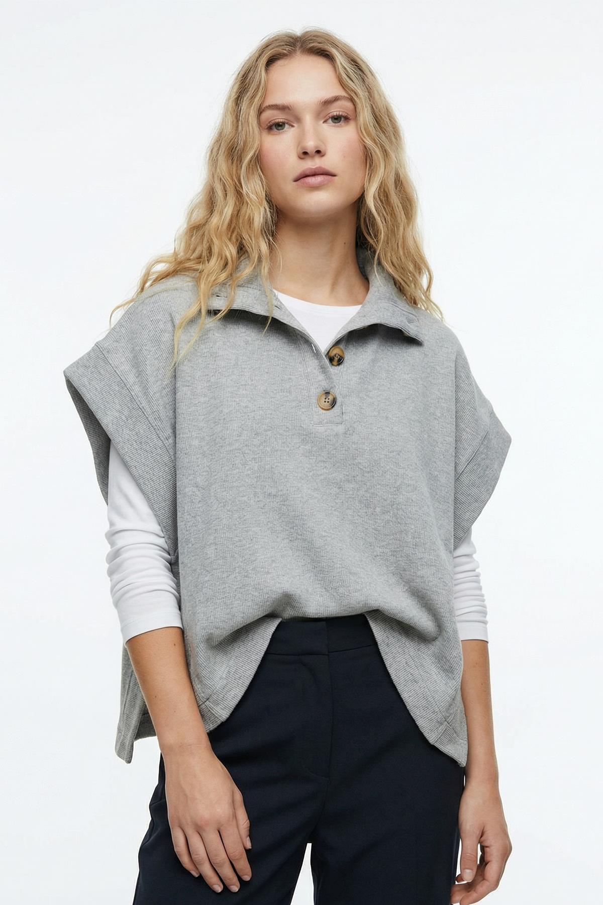 3106A Kapüşonlu Düğmeli Tişört Gri - 1