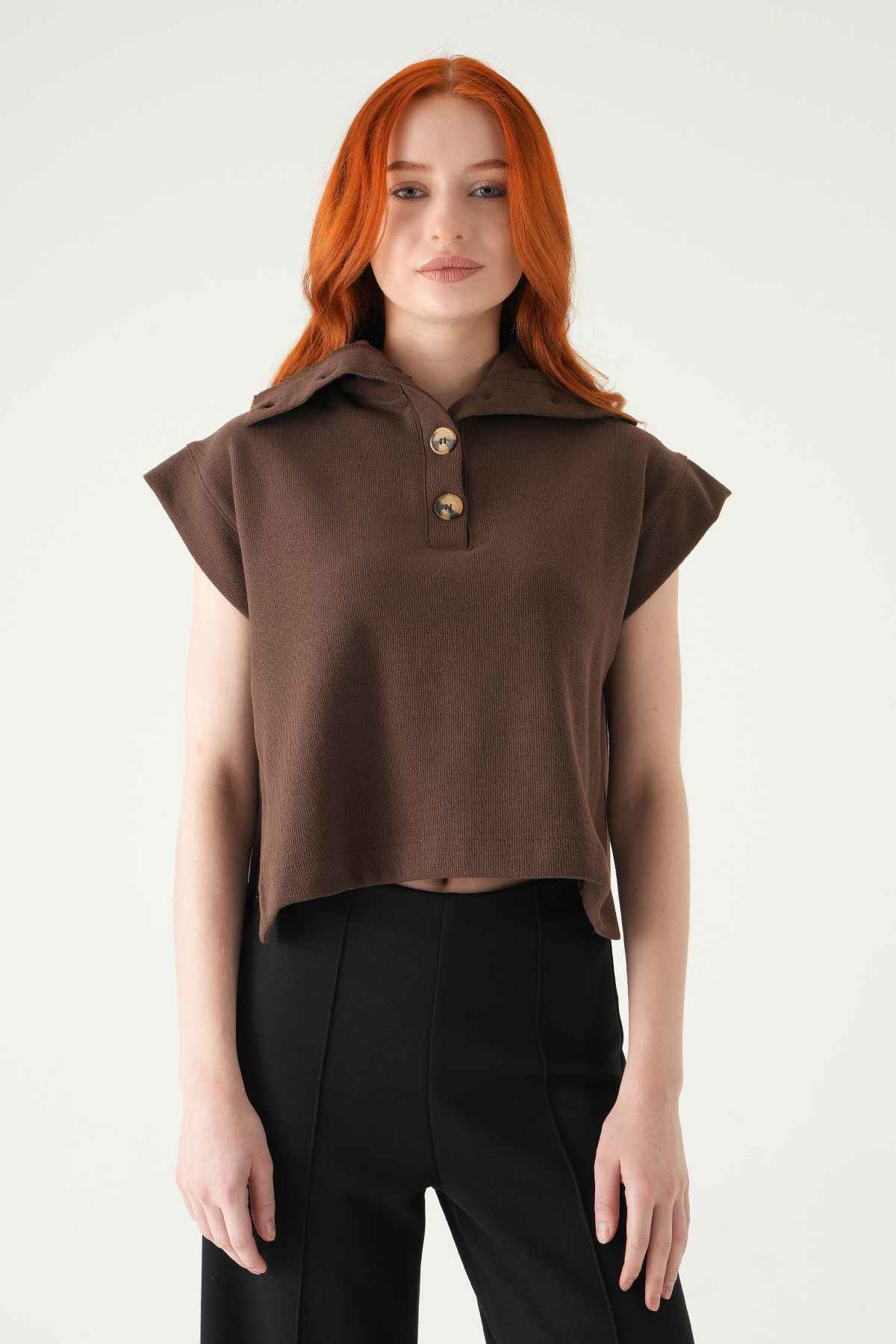 3106A Kapüşonlu Düğmeli Tişört Kahve - RAYS