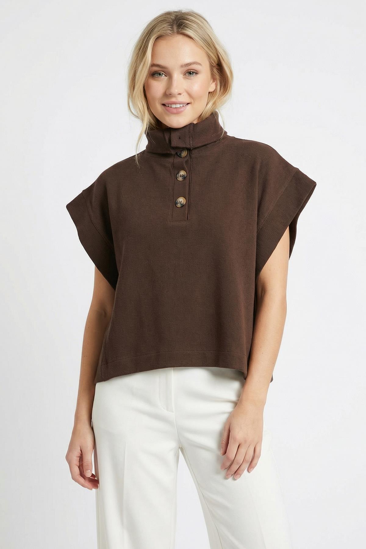 3106A Kapüşonlu Düğmeli Tişört Kahve - RAYS