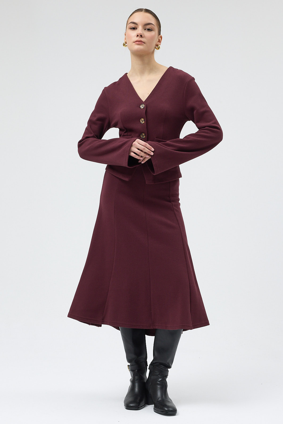 Mürdüm Cepli Düğmeli Hırka ve Uzun Etek Takım 3109A - RAYS