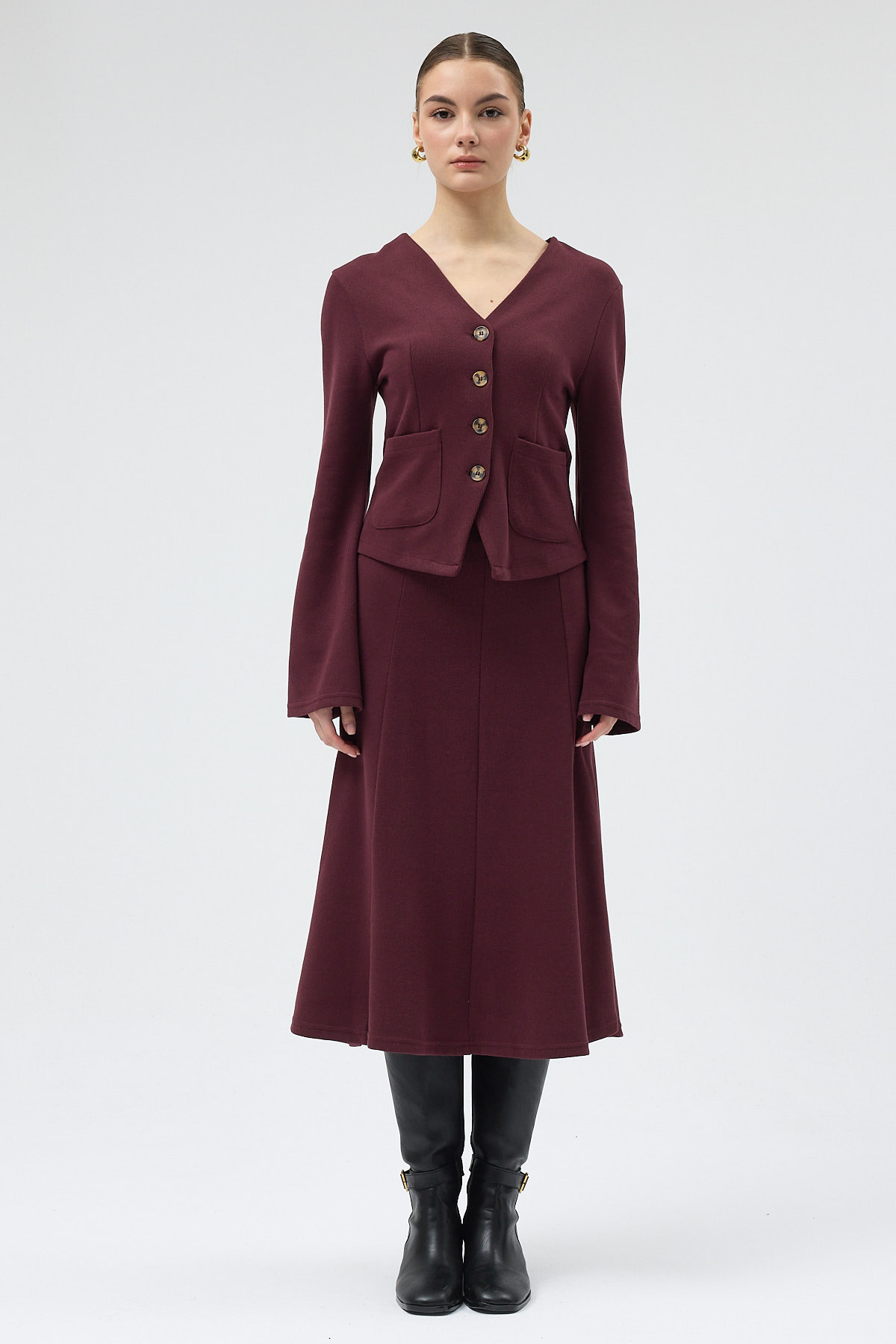 Mürdüm Cepli Düğmeli Hırka ve Uzun Etek Takım 3109A - RAYS (1)