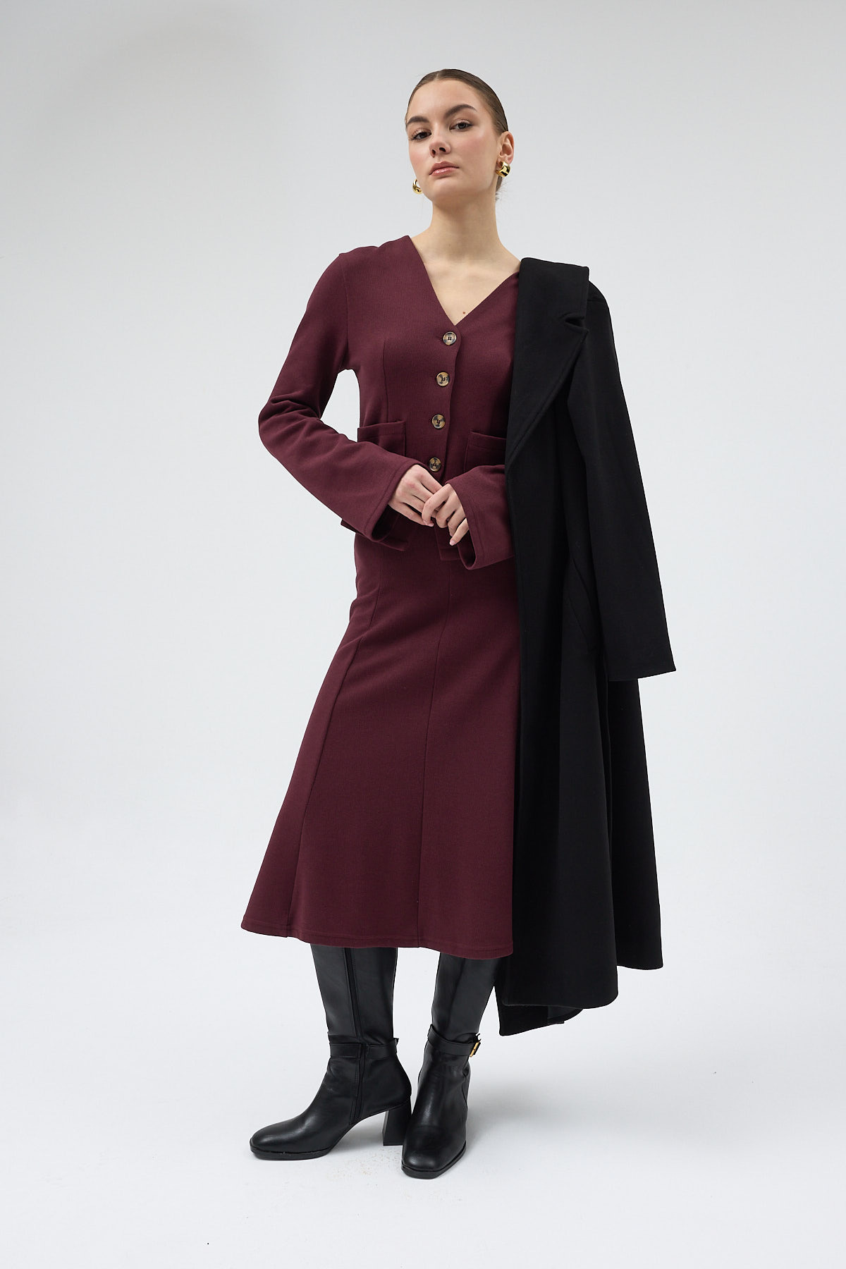 Mürdüm Cepli Düğmeli Hırka ve Uzun Etek Takım 3109A - 6