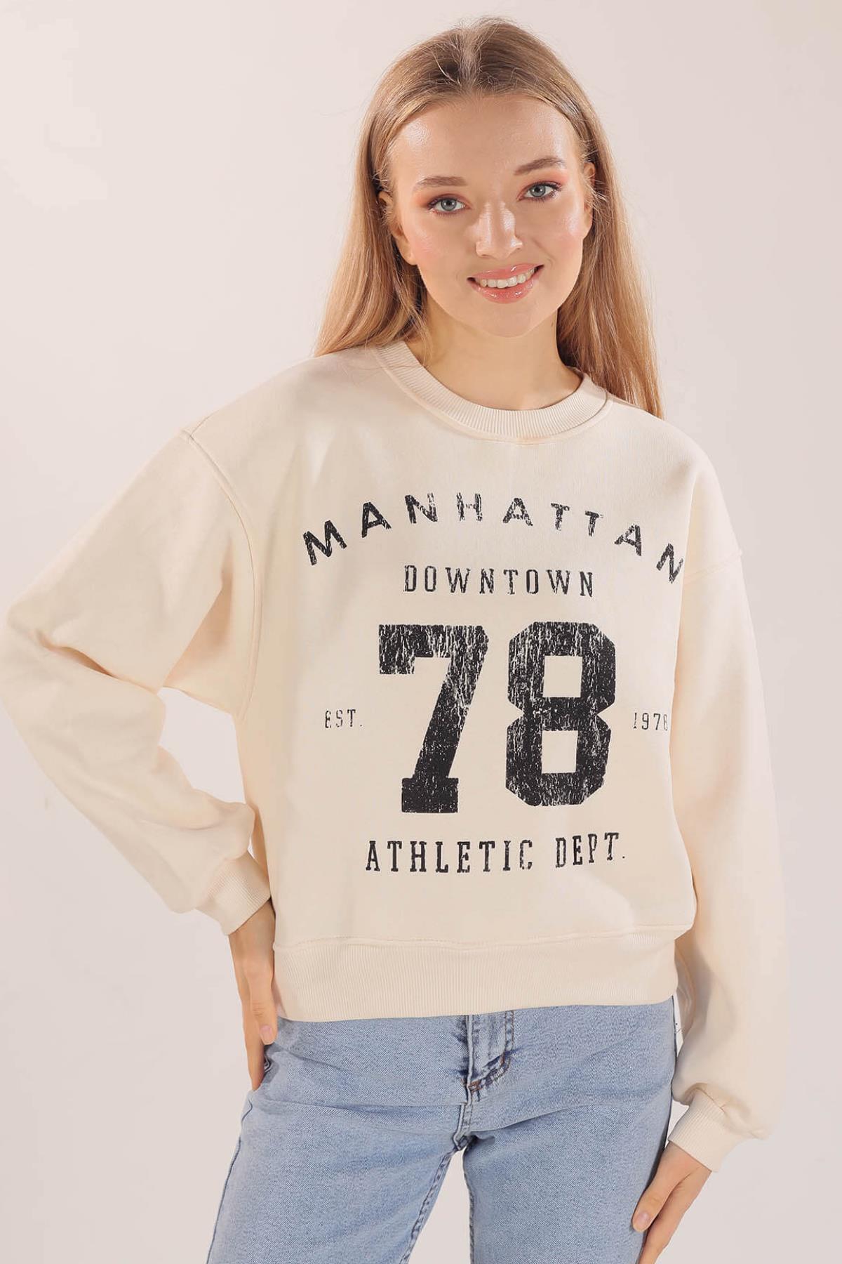 3110 Manhattan Baskılı Sweat Bej - 1