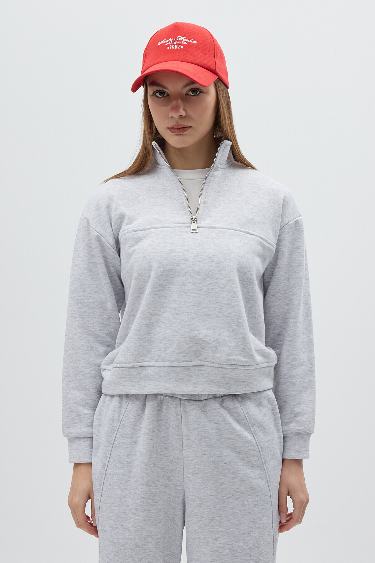 Gri Dik Yaka Önü Fermuar Detaylı Kadın Sweatshirt 3110A - 6