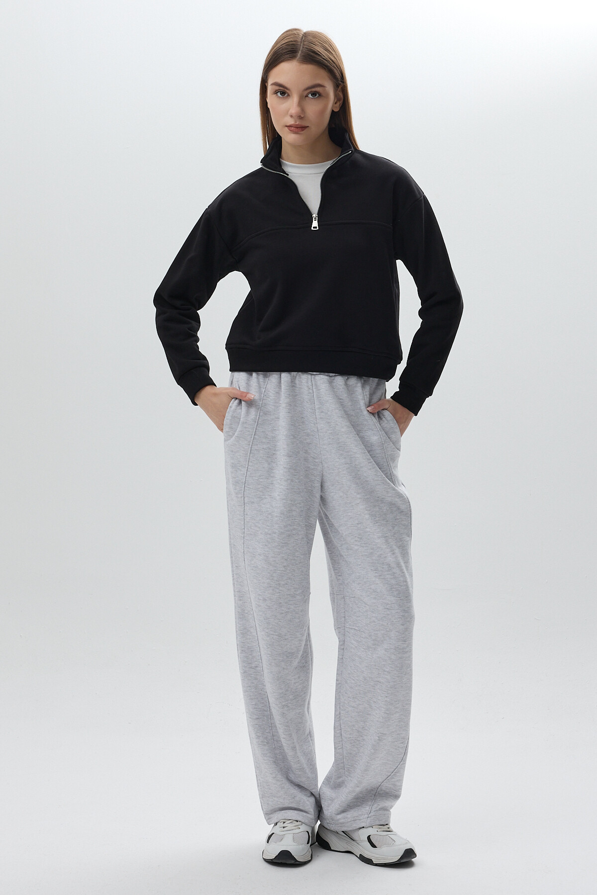 Siyah Dik Yaka Önü Fermuar Detaylı Kadın Sweatshirt 3110A - 6