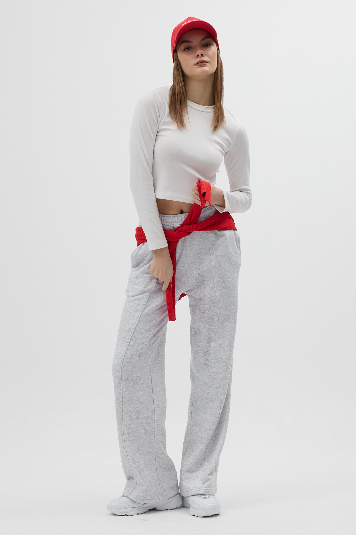 Gri Yan Çima Dikiş Detaylı Geniş Paça Rahat Kesim Kadın Eşofman Altı 3114A - 6