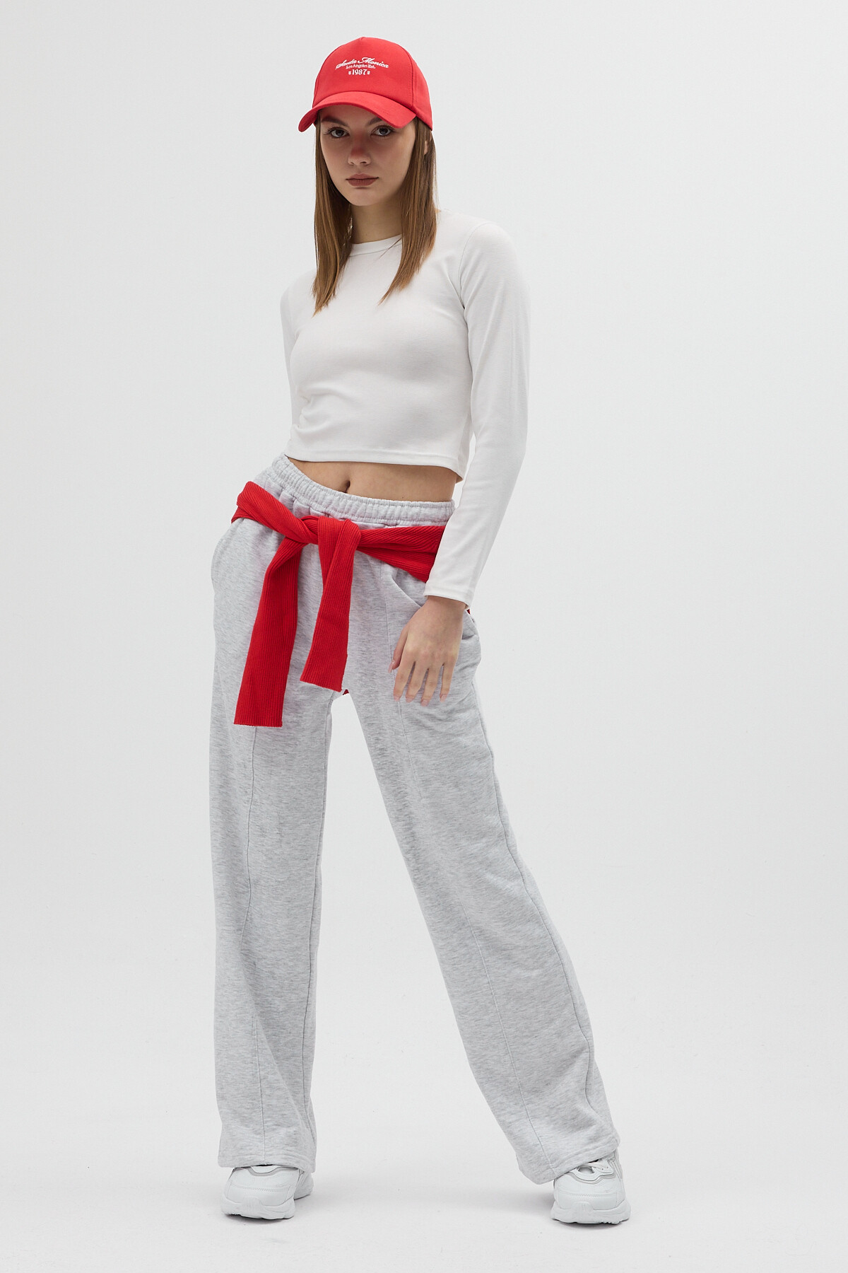 Gri Yan Çima Dikiş Detaylı Geniş Paça Rahat Kesim Kadın Eşofman Altı 3114A - 7