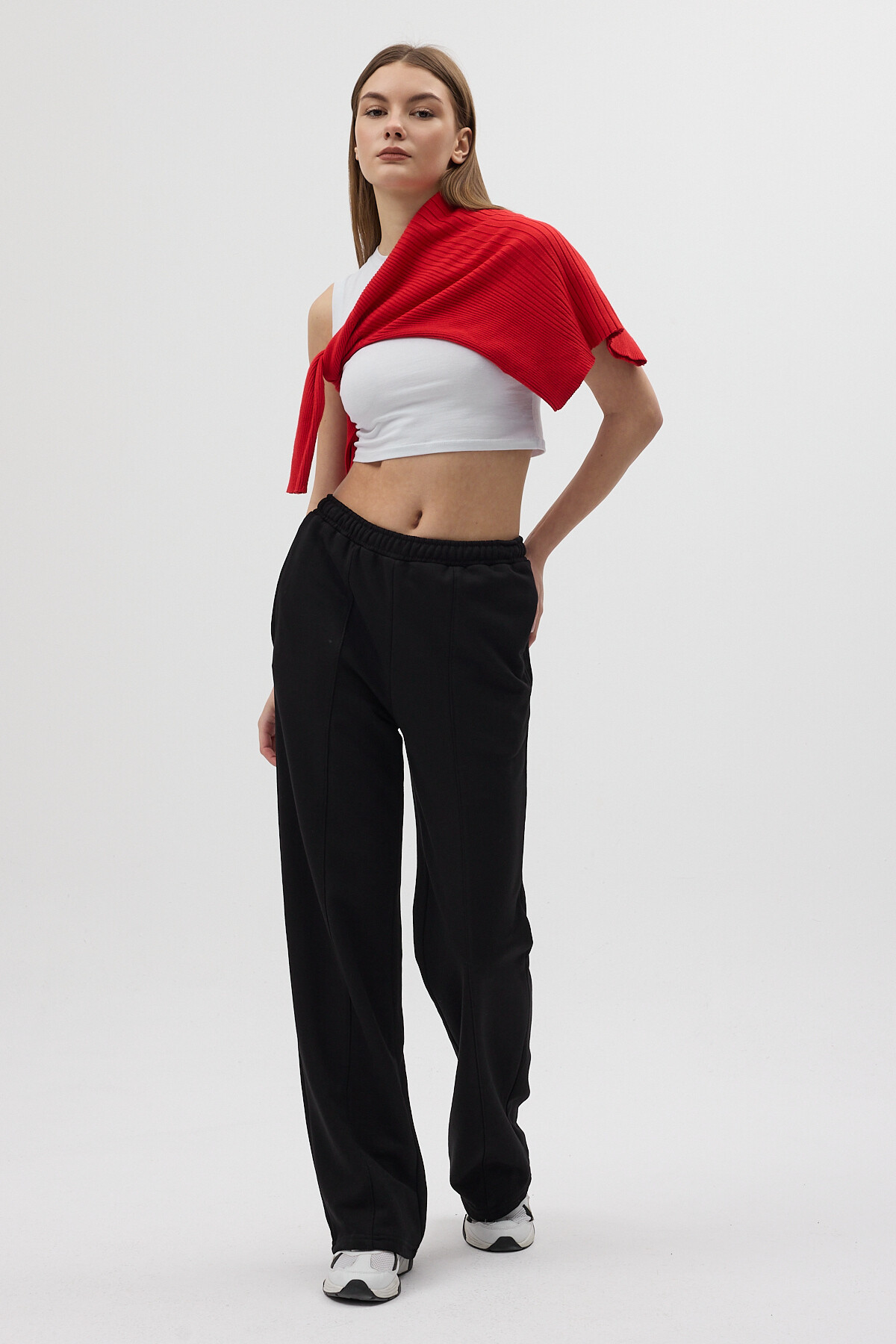 Siyah Yan Çima Dikiş Detaylı Geniş Paça Rahat Kesim Kadın Eşofman Altı 3114A - 2