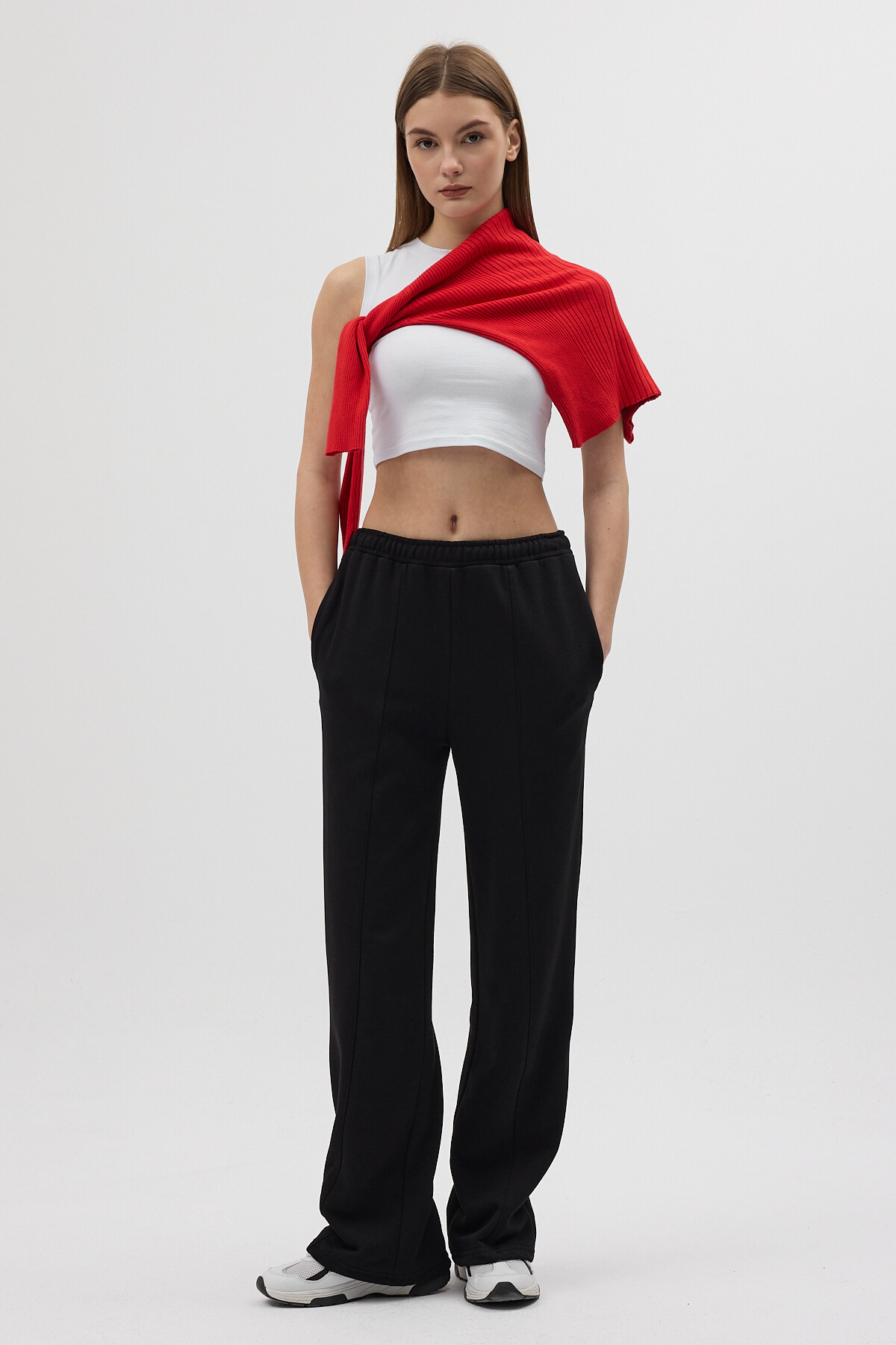Siyah Yan Çima Dikiş Detaylı Geniş Paça Rahat Kesim Kadın Eşofman Altı 3114A - 6