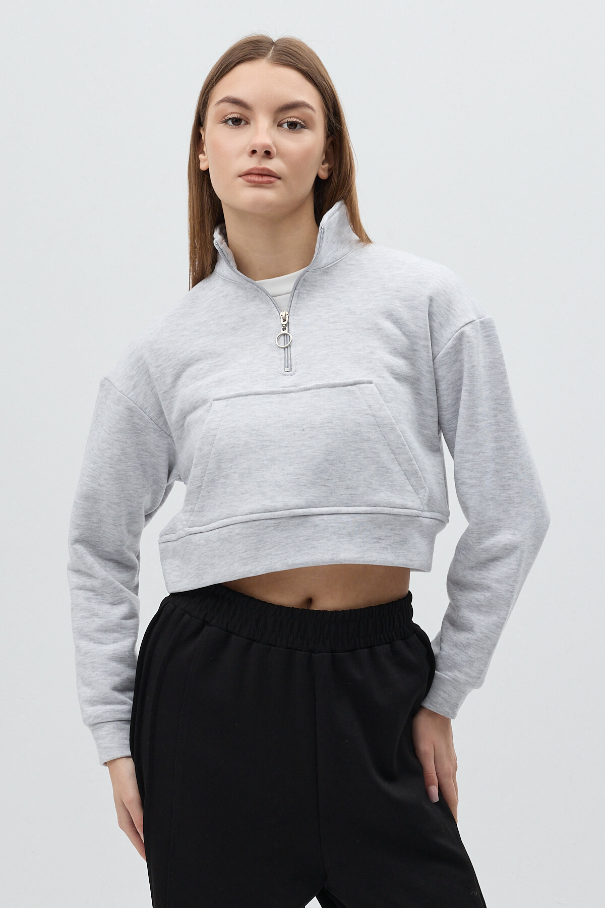 Gri Kapüşonlu Fermuarlı Cepli Pamuklu Kadın Sweatshirt 3115A - RAYS