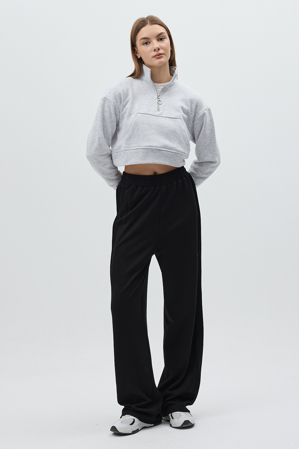 Gri Kapüşonlu Fermuarlı Cepli Pamuklu Kadın Sweatshirt 3115A - 3