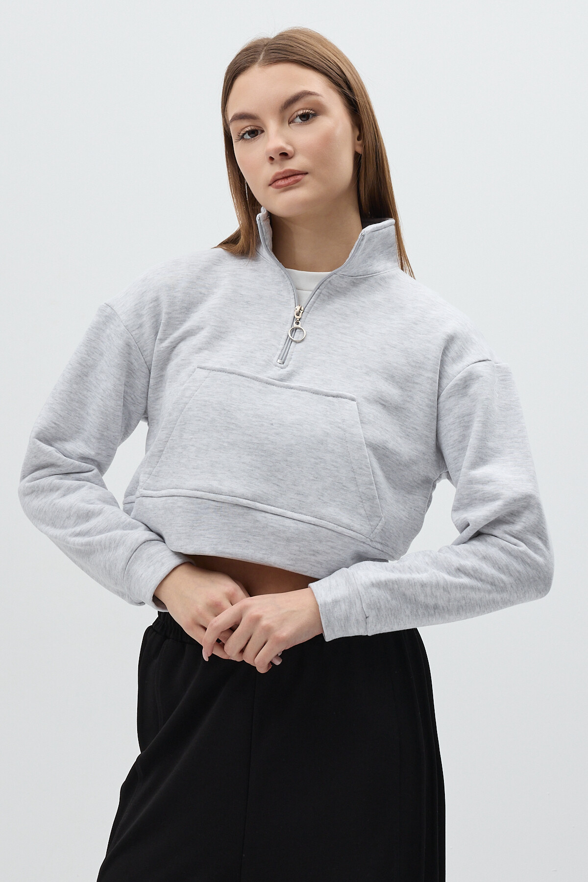 Gri Kapüşonlu Fermuarlı Cepli Pamuklu Kadın Sweatshirt 3115A - 7