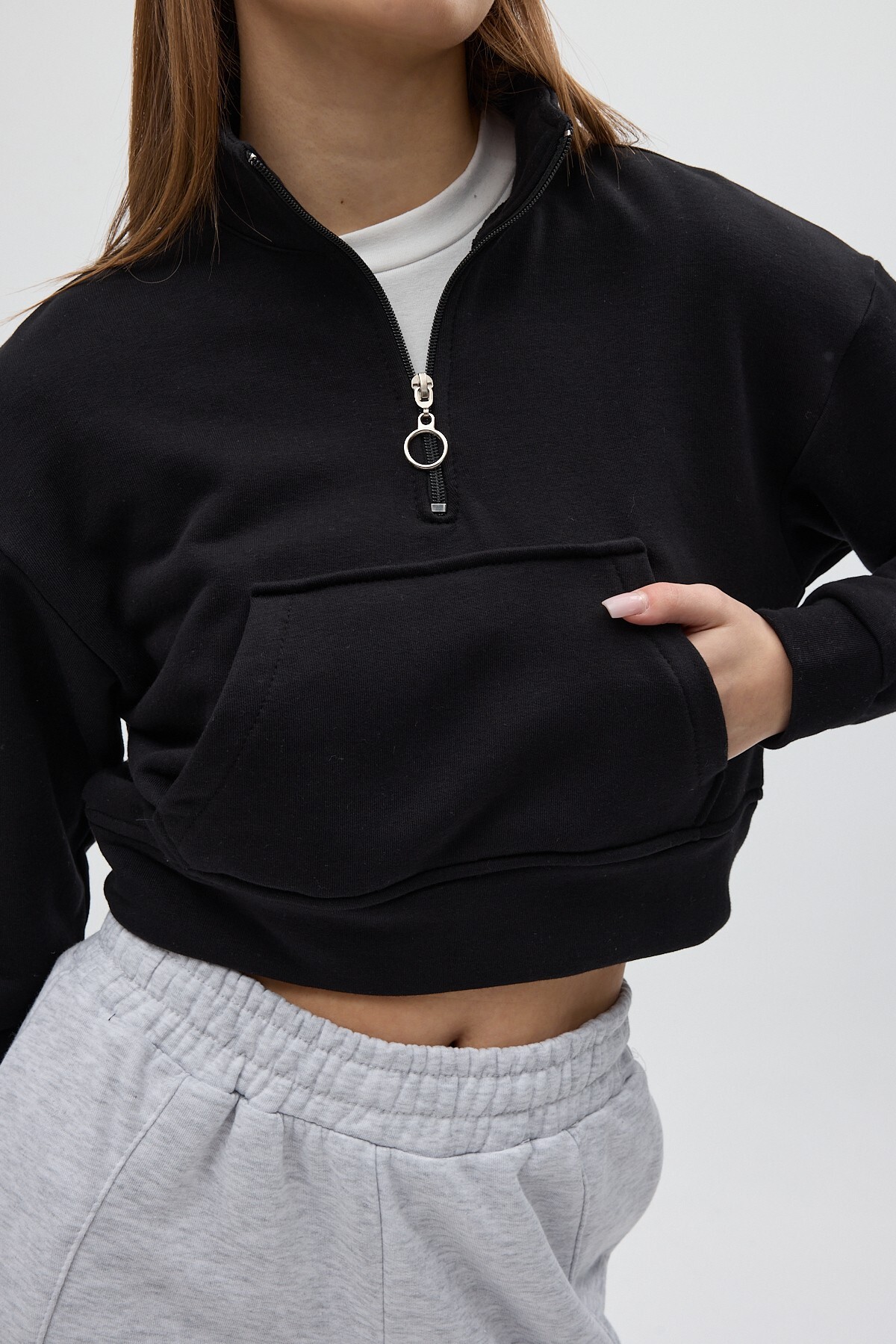 Siyah Kapüşonlu Fermuarlı Cepli Pamuklu Kadın Sweatshirt 3115A - RAYS