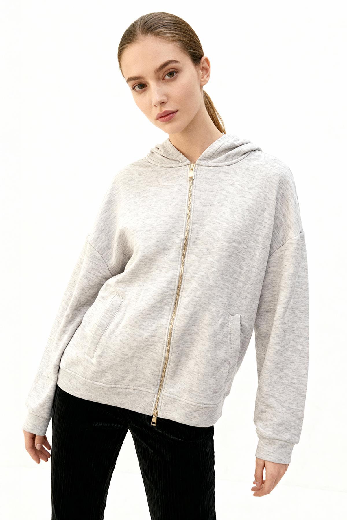 3116A Kapüşonlu Uzun Kol Hırka Gri - RAYS