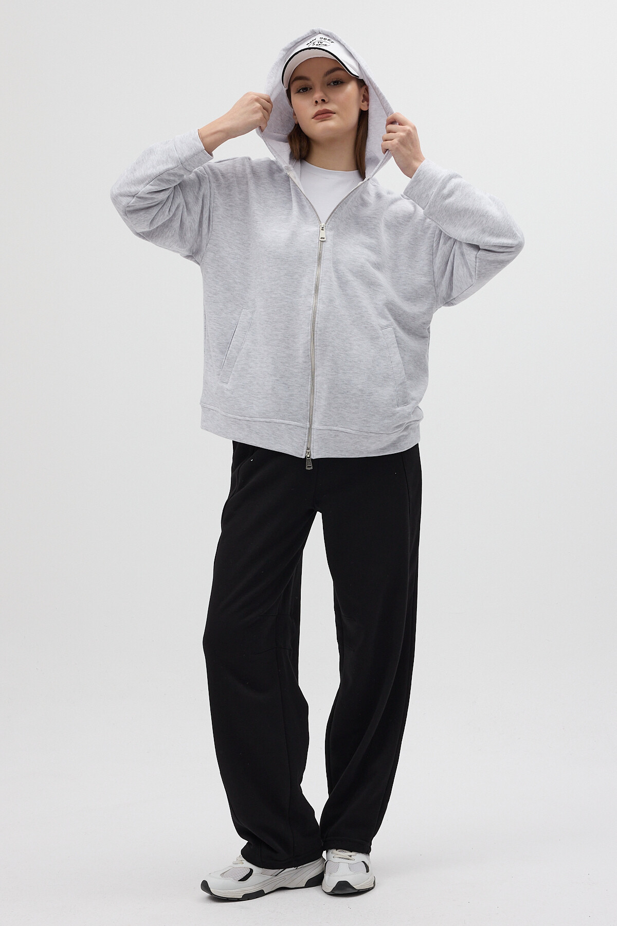 Gri Kapüşonlu Fermuarlı Oversize Kadın Hırka 3116A - 3