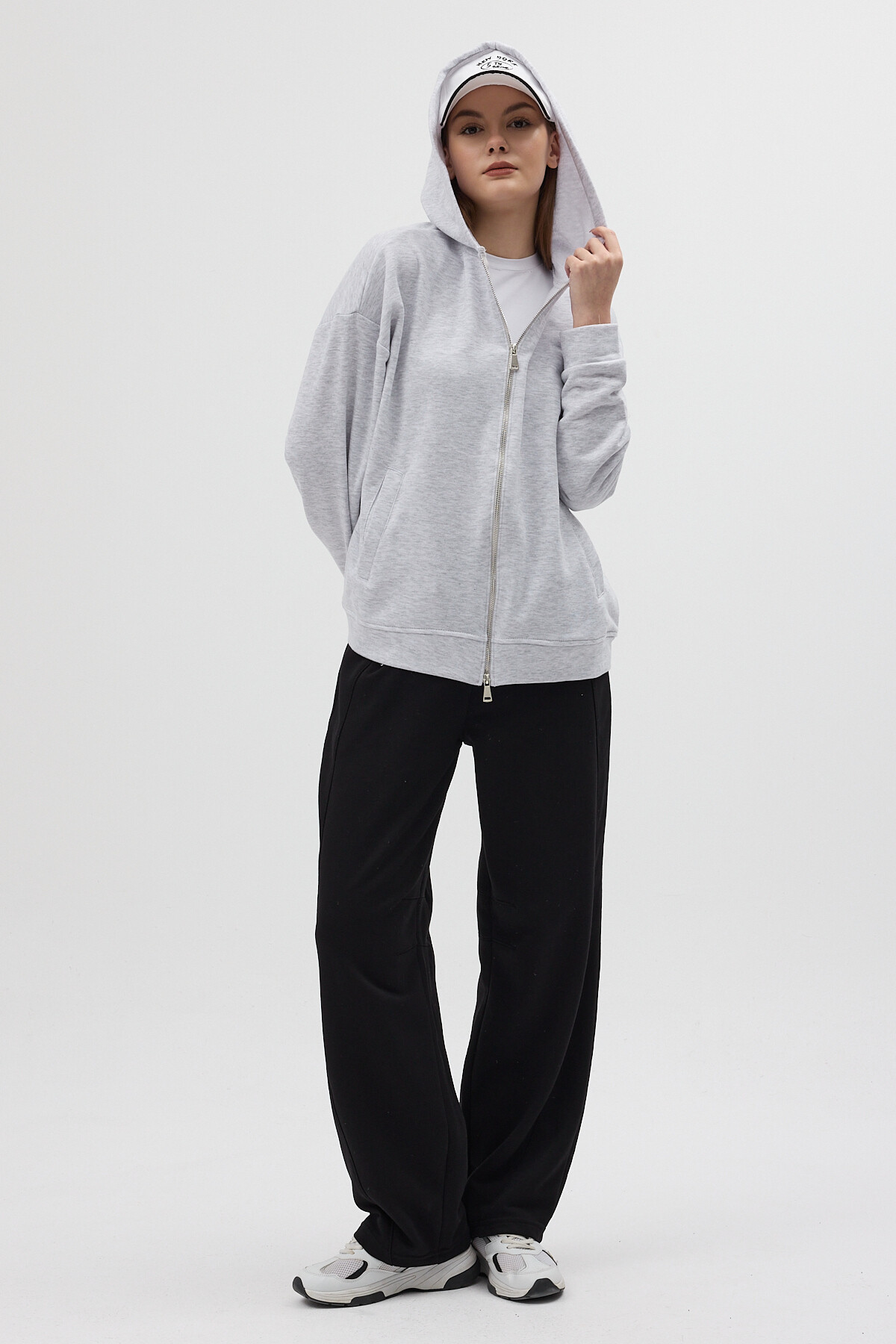 Gri Kapüşonlu Fermuarlı Oversize Kadın Hırka 3116A - 7