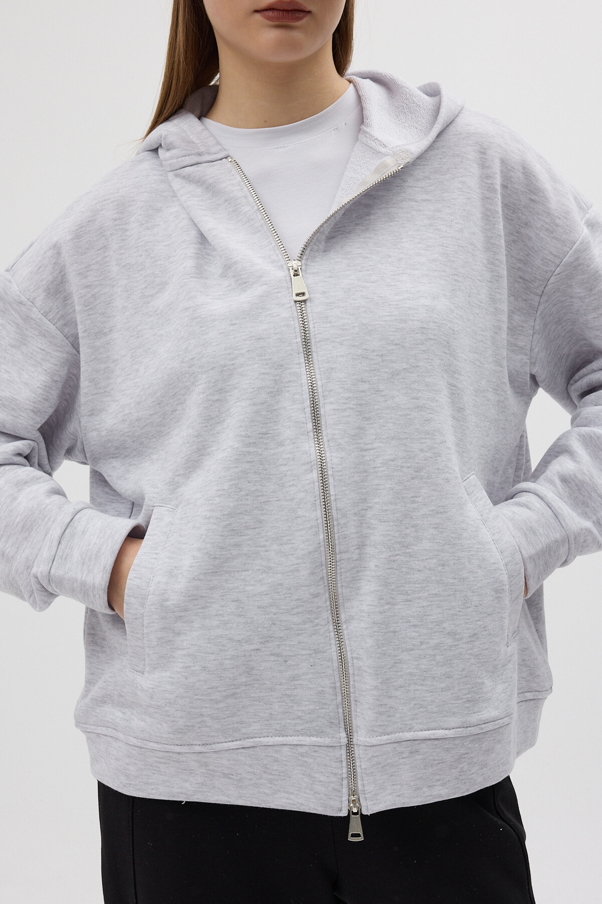 Gri Kapüşonlu Fermuarlı Oversize Kadın Hırka 3116A - 4
