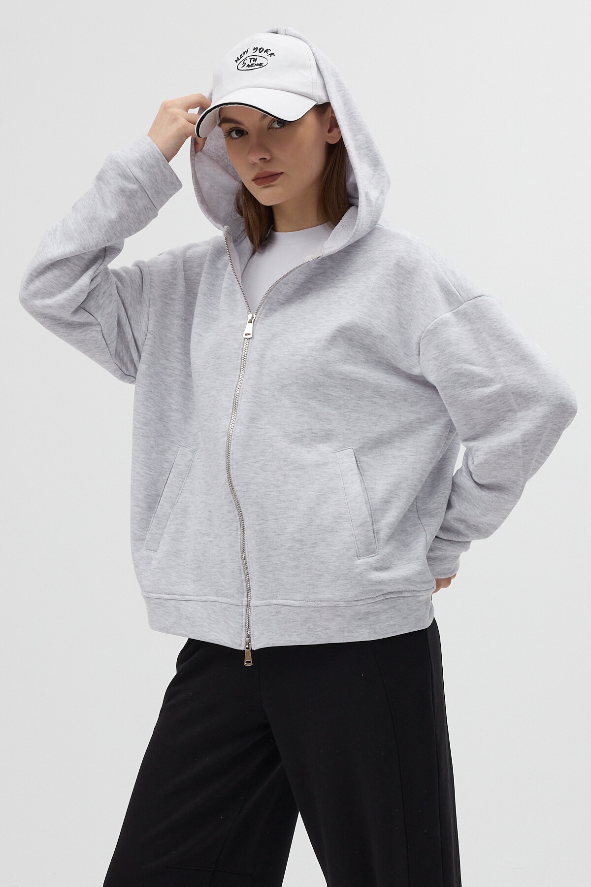 Gri Kapüşonlu Fermuarlı Oversize Kadın Hırka 3116A 