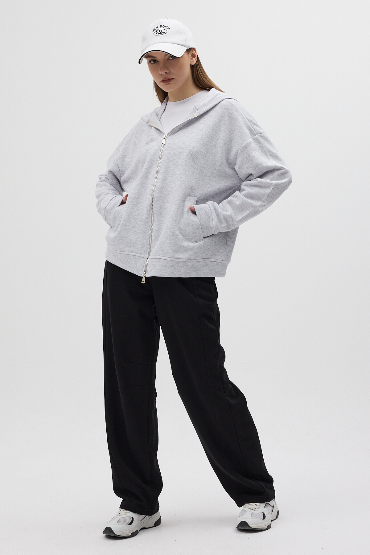 Gri Kapüşonlu Fermuarlı Oversize Kadın Hırka 3116A - 6