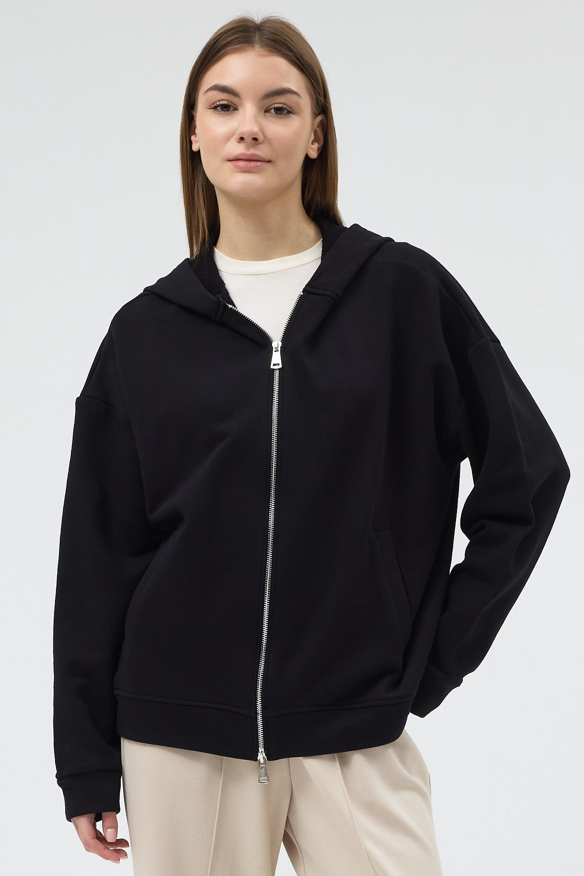 Siyah Kapüşonlu Fermuarlı Oversize Kadın Hırka 3116A - 1