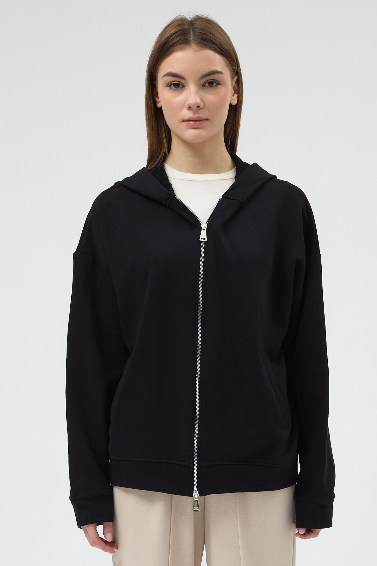 Siyah Kapüşonlu Fermuarlı Oversize Kadın Hırka 3116A - 2