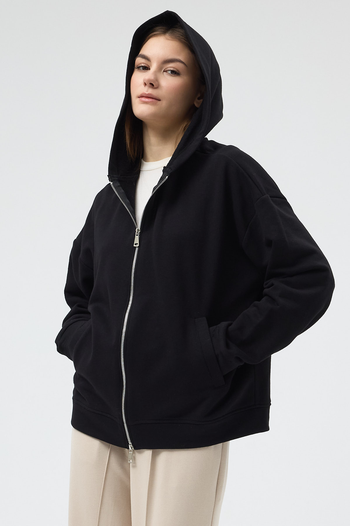 Siyah Kapüşonlu Fermuarlı Oversize Kadın Hırka 3116A - 6