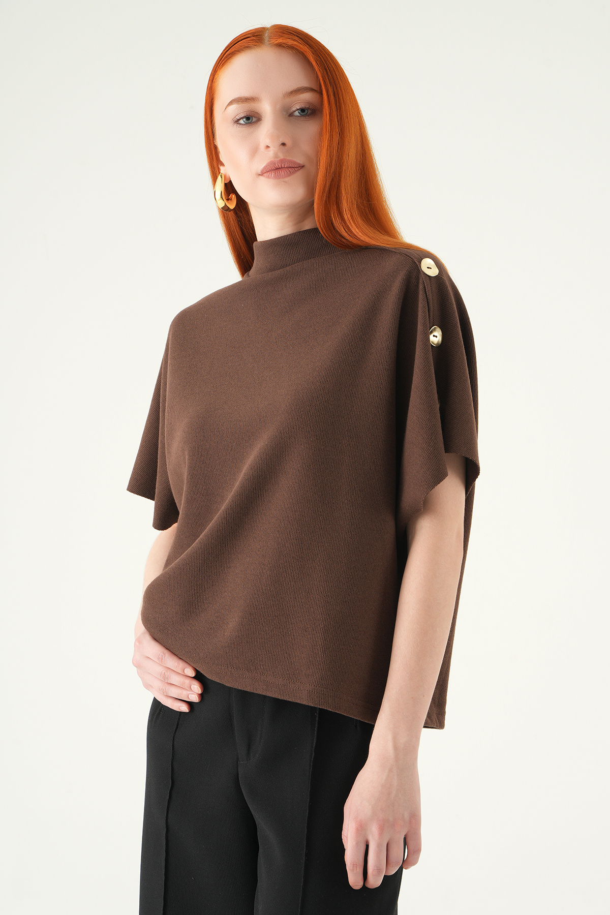 Kahve Kol Düğmeli Bluz 3119A - 2